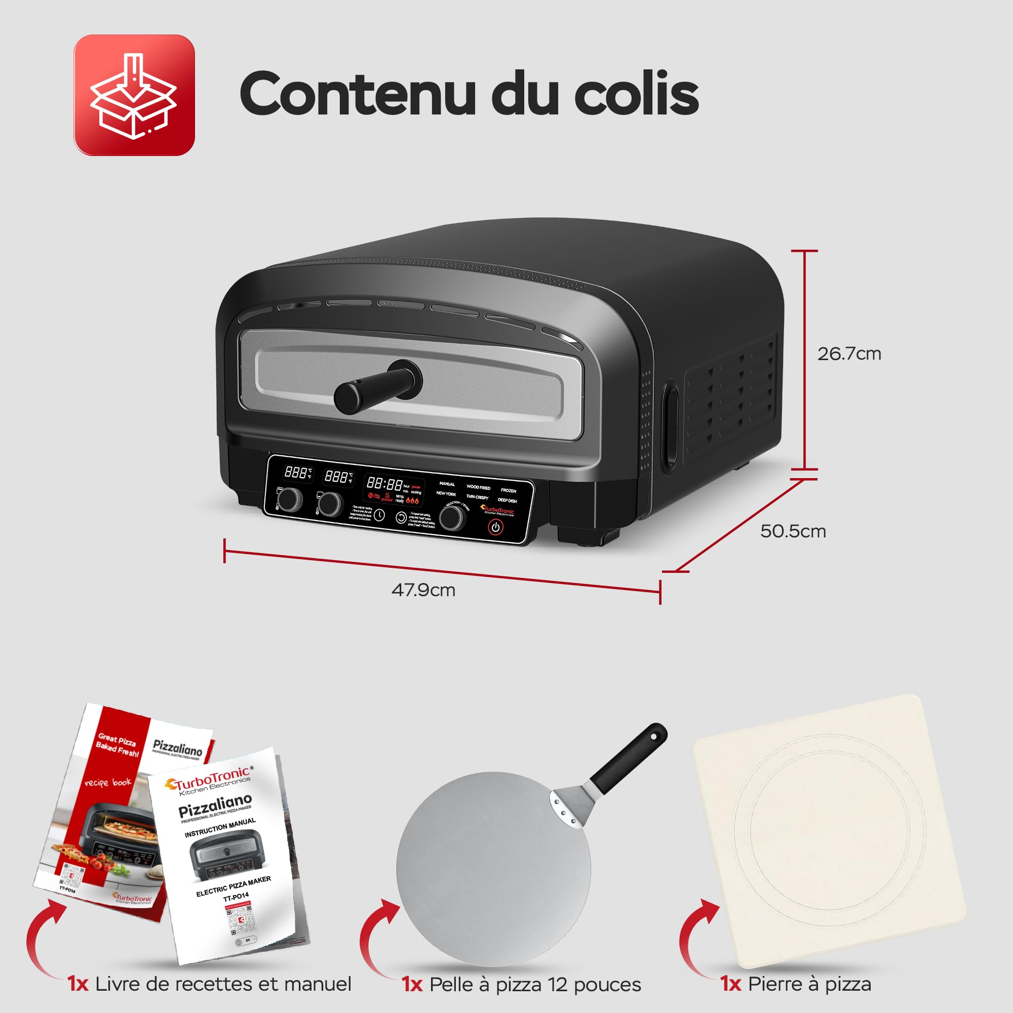 Four à pizza électrique jusqu'à 450 °C pour 37 cm (14.6") Pizza New York avec pierre à pizza – Utilisation intérieur/extérieur – 2200 W – Idéal pour maison, jardin, table ou cuisine mobile