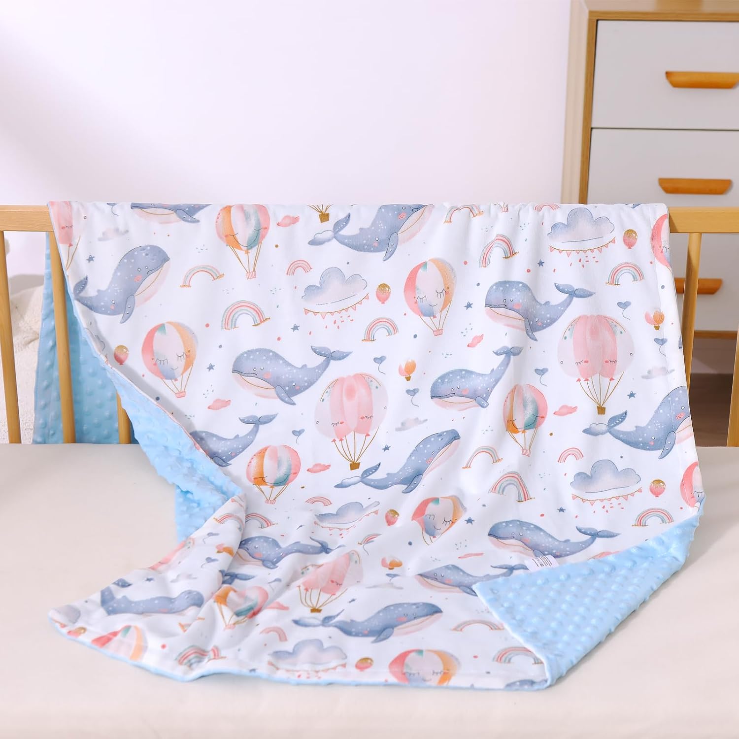iEvolve Baby Nursery Bed Blankets Ultra Soft Double Layer Mini Blanket Minky Blanket Receiving Blankets Shower Gifts(Whale,30 * 47in) Parachutewhale 30"*47" image 4 of 6 B0DRCW46GN
