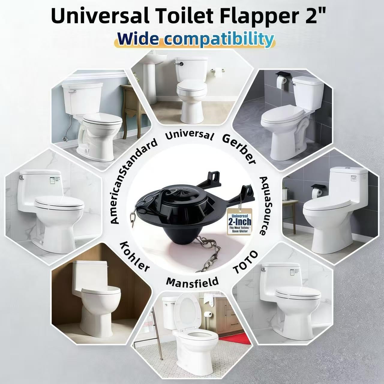Universal Toilet Flapper Replacement for 2 Flush Valves - Stops Running Toilets & Ghost Flushing, Water-Saving Heavy Duty Rubber with Stainless Steel Chains (Fits Kohler/TOTO/American Standard/Gerber) - 5