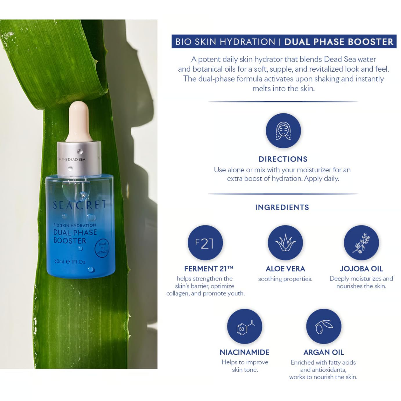 SEACRET Minerals Bio Skin Hydration Dual Phase Booster Facial Serum, Dead Sea Minerals, Jojoba, Argan, and Almond oils Deeply Hydrate, Daily Use, 1 Fl Oz / 30 ml