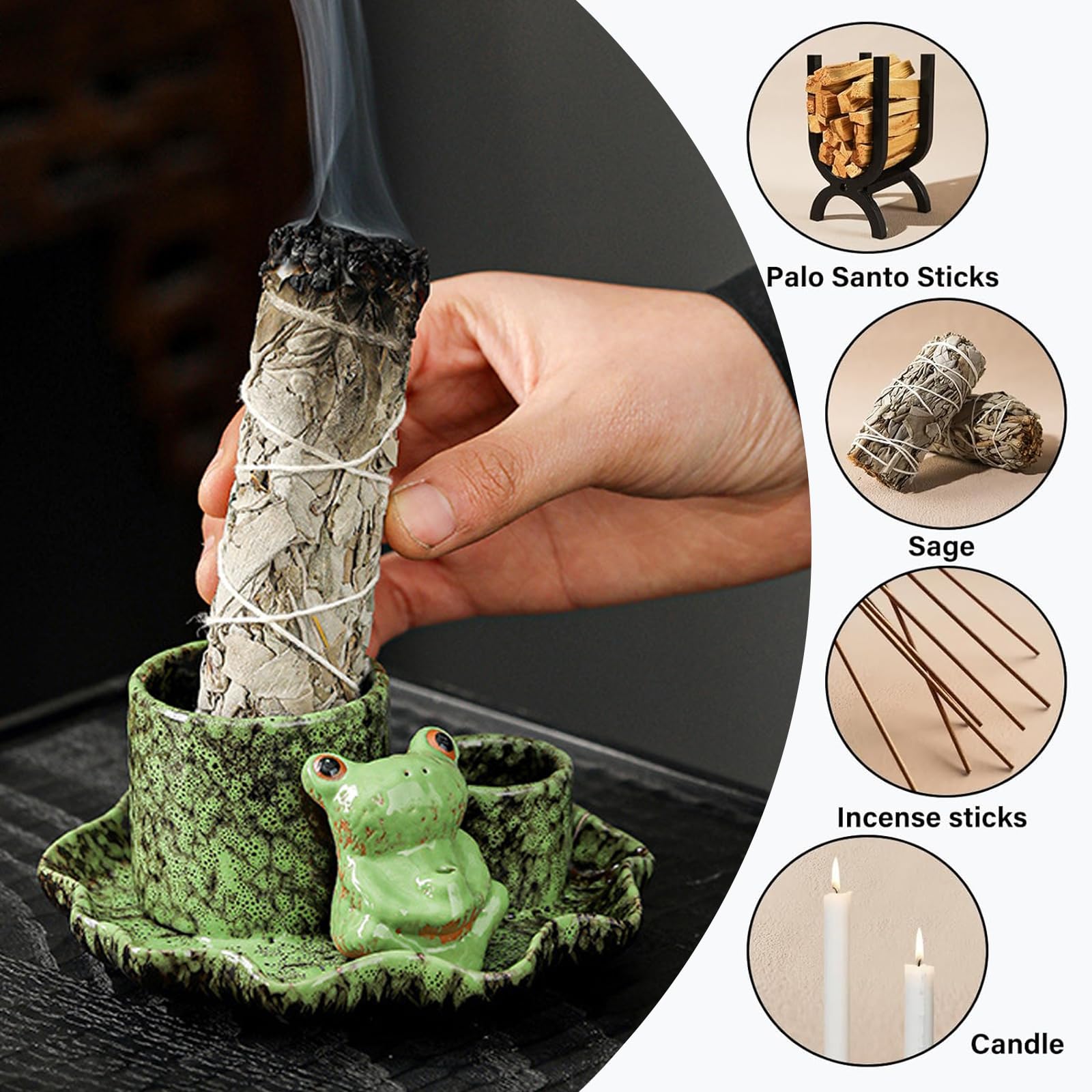 ZONSUSE Bruciatore di Incenso Rana Multifunzionale 4 in 1 con Vassoio Foglia di Loto, Porta Salvia, Palo Santo, Bastoncini e Coni in Ceramica, Decorazione Yoga & Meditazione (Rana Verde Loto)