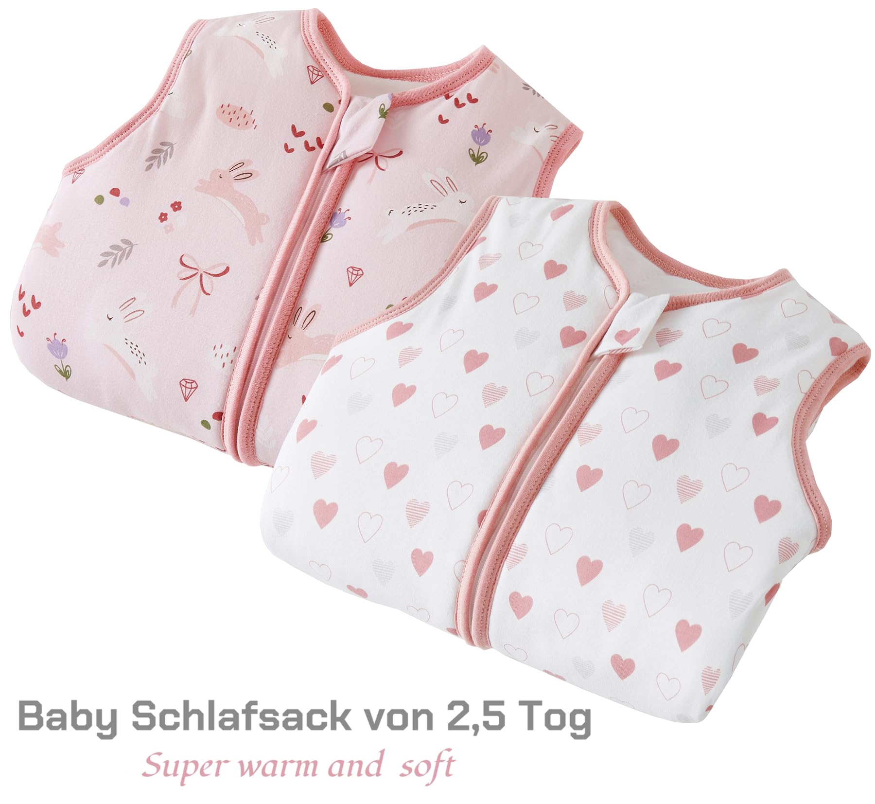 Sacco nanna invernale con piedi, in cotone, 2,5 Tog, per bambini, con gambe, 2,5 tog, cuore + coniglio, 70 cm, altezza bambino 80-90 cm