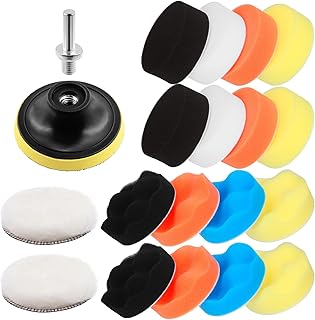 Swpeet 24Pcs Car Foam Drill Polishing Pad Kit, 5 Colors 3 Inch 5 Inch Sponge Buffing Pads, Woolen Buffer Pads, Suction Cup, Wool Car Buffing Wheel with Drill Adapter for Polishing Waxing Sealing Glaze