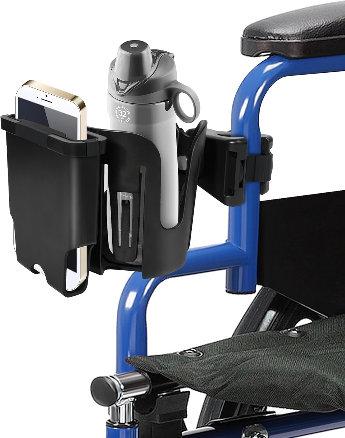 Wheelchair Cup Holder with Phone Holder, 2-in-1 Walker Cup Holder, 360° Rotatable Clamp with Silicone Shock Protection, Accessories for Rollator Walker with Seat, Wheelchair, Walker, Camper, Golf Cart
