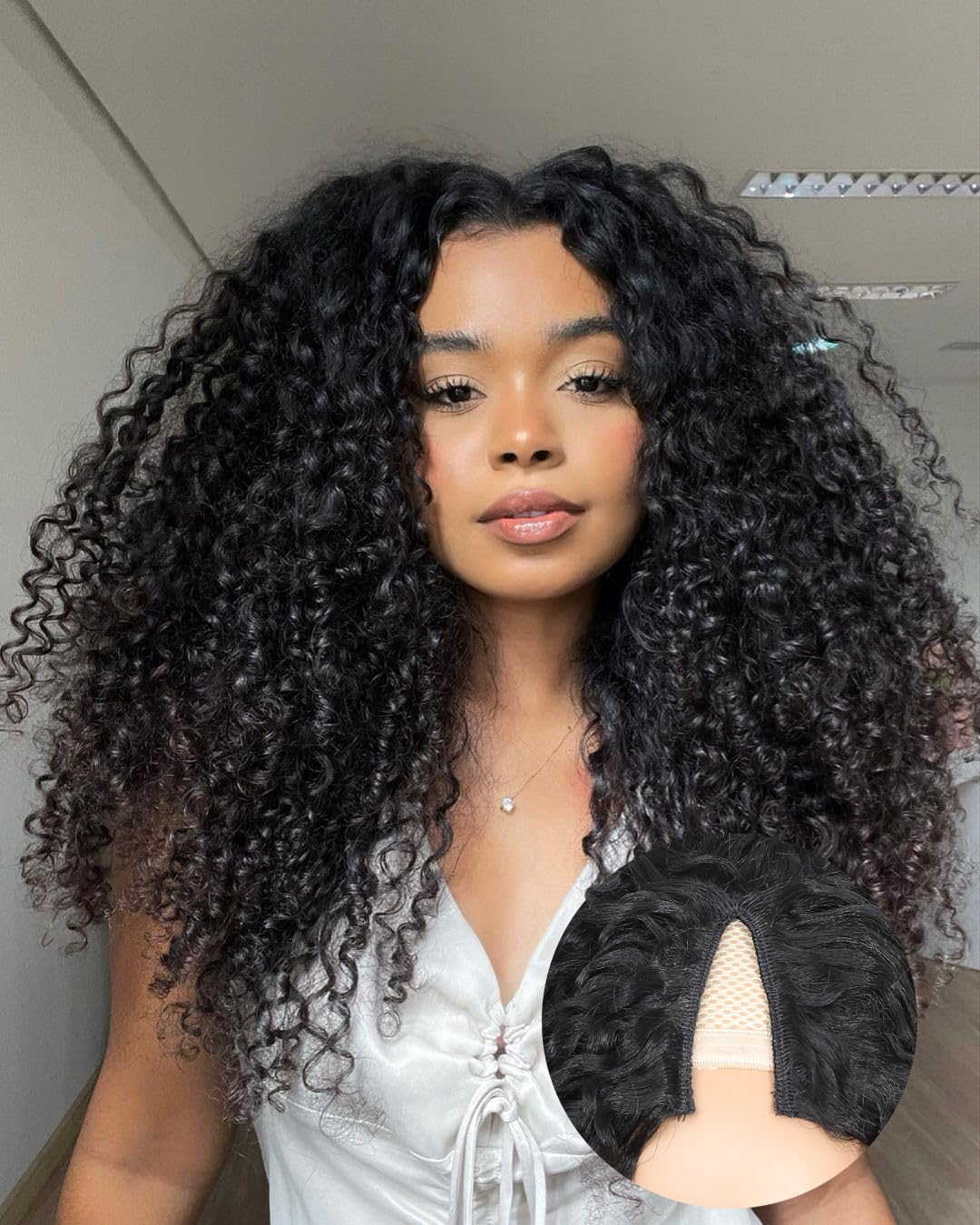 Urbeauty V Part Burmese Curly Wig for Black Women, Glueless Protein Silk Synthetic Upgraded U Part Wigs Soft Natural Human Hair Feel, Lightweight