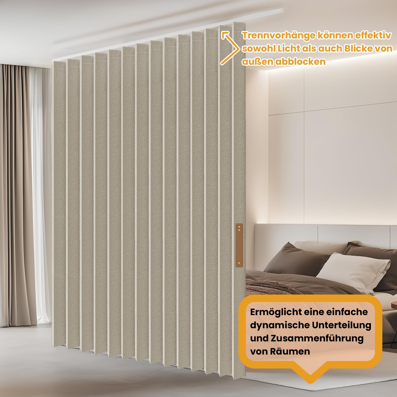 JILRON Cortina para separación de habitaciones con montaje en techo, 100 % protección contra la luz, aspecto de acordeón, para dormitorio, salón, esquina (blanco crema-alto 243 x ancho 457 cm), 1