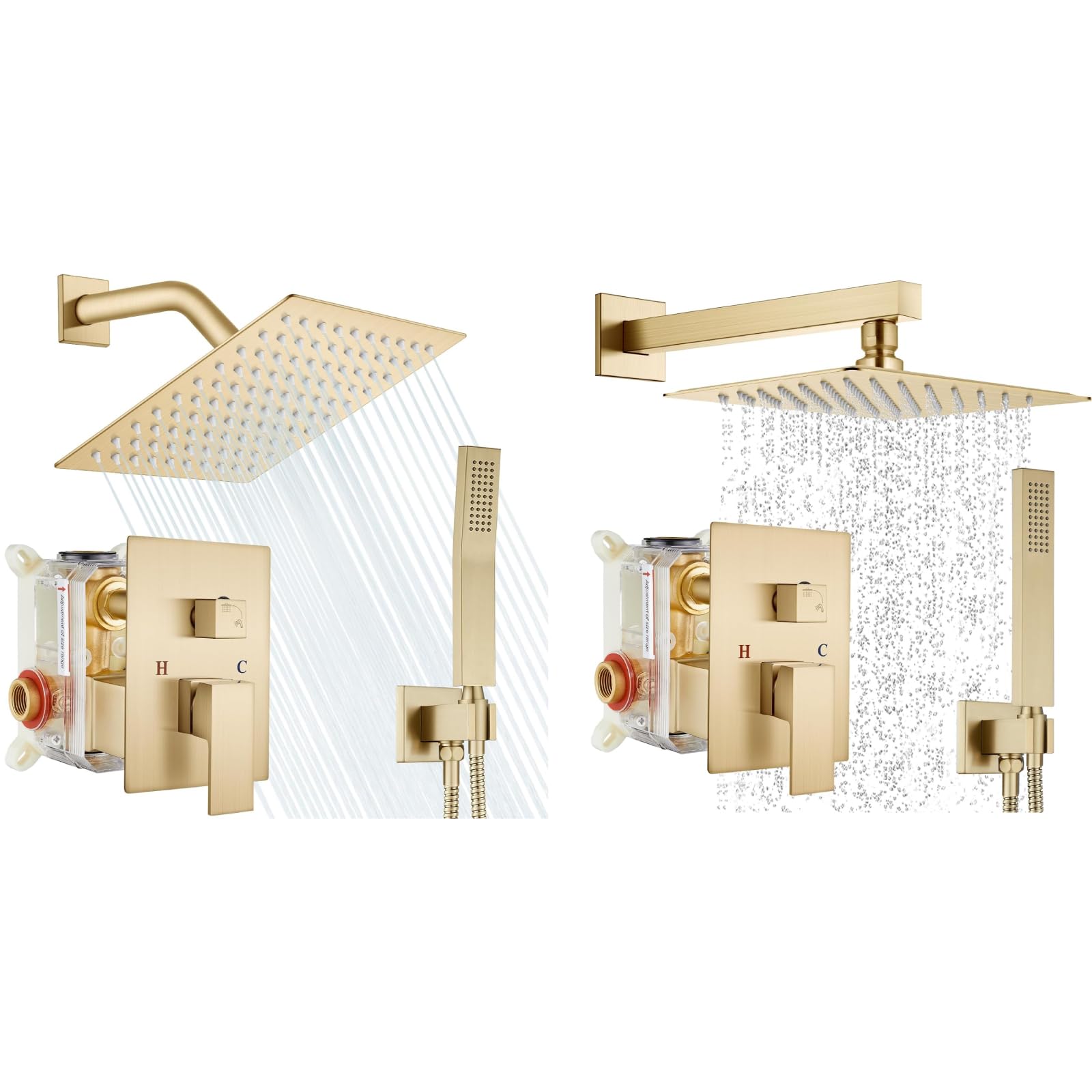 Hcfyauis Gold 8 Inch Brushed Rain Shower System Square Rainfall Showerhead With 10 Inch Brushed Wall Mount Square Rainfall Shower Head Shower Faucet Set