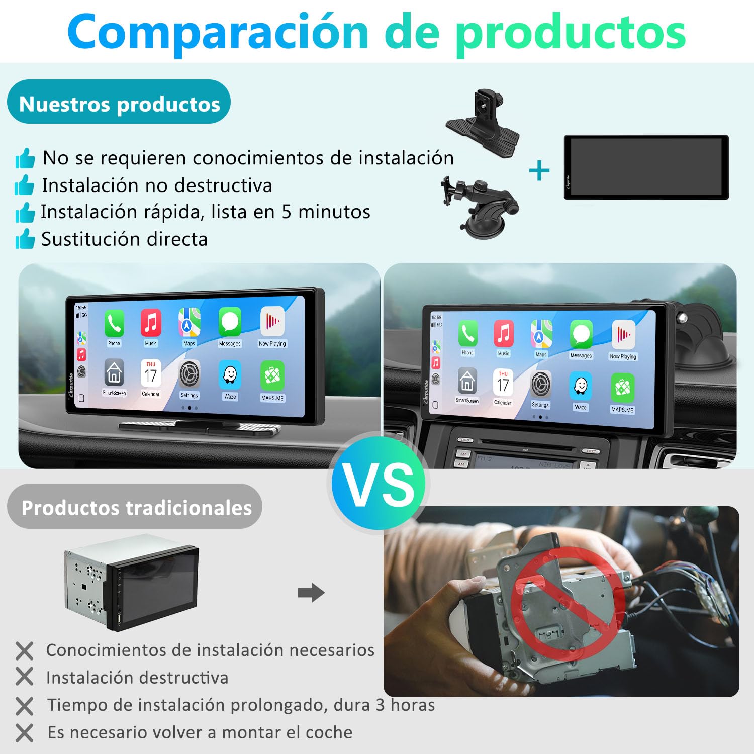 Carpuride V92 - Estéreo portátil para Coche, inalámbrico Carplay y Android Auto, 10,26 Pulgadas 1080P HD Pantalla táctil Radio con BT 5.0, Soporte de Enlace de Espejo para camión RV Dash Mount