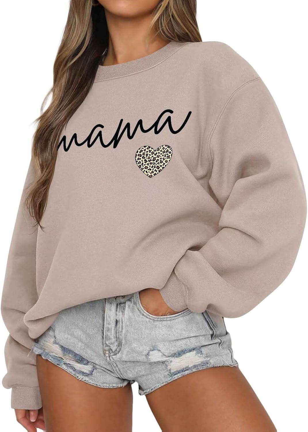 LEEDYA Women Long Sleeve Mama Sweatshirts Crewneck Casual Fall Pullover Tops Oversized Knit Mom Sweater