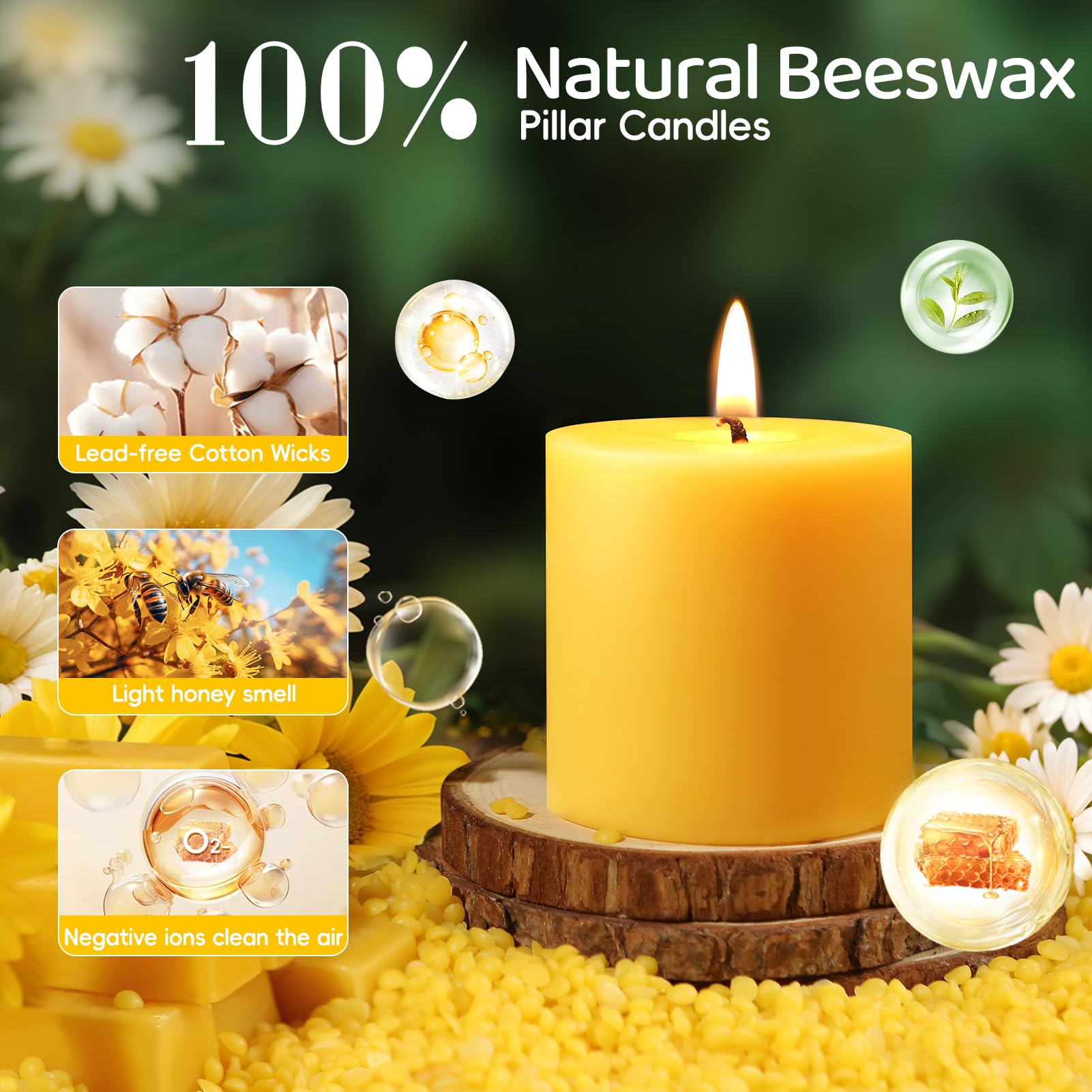Velas de cera de abeja natural, no tóxicas, 2.8 x 3 pulgadas, paquete de 2, 90 horas de duración | Vela de cera de abejas 100 % pura, orgánica, sin perfume, sin humo, para el hogar, emergencia, oración, iglesia, cena