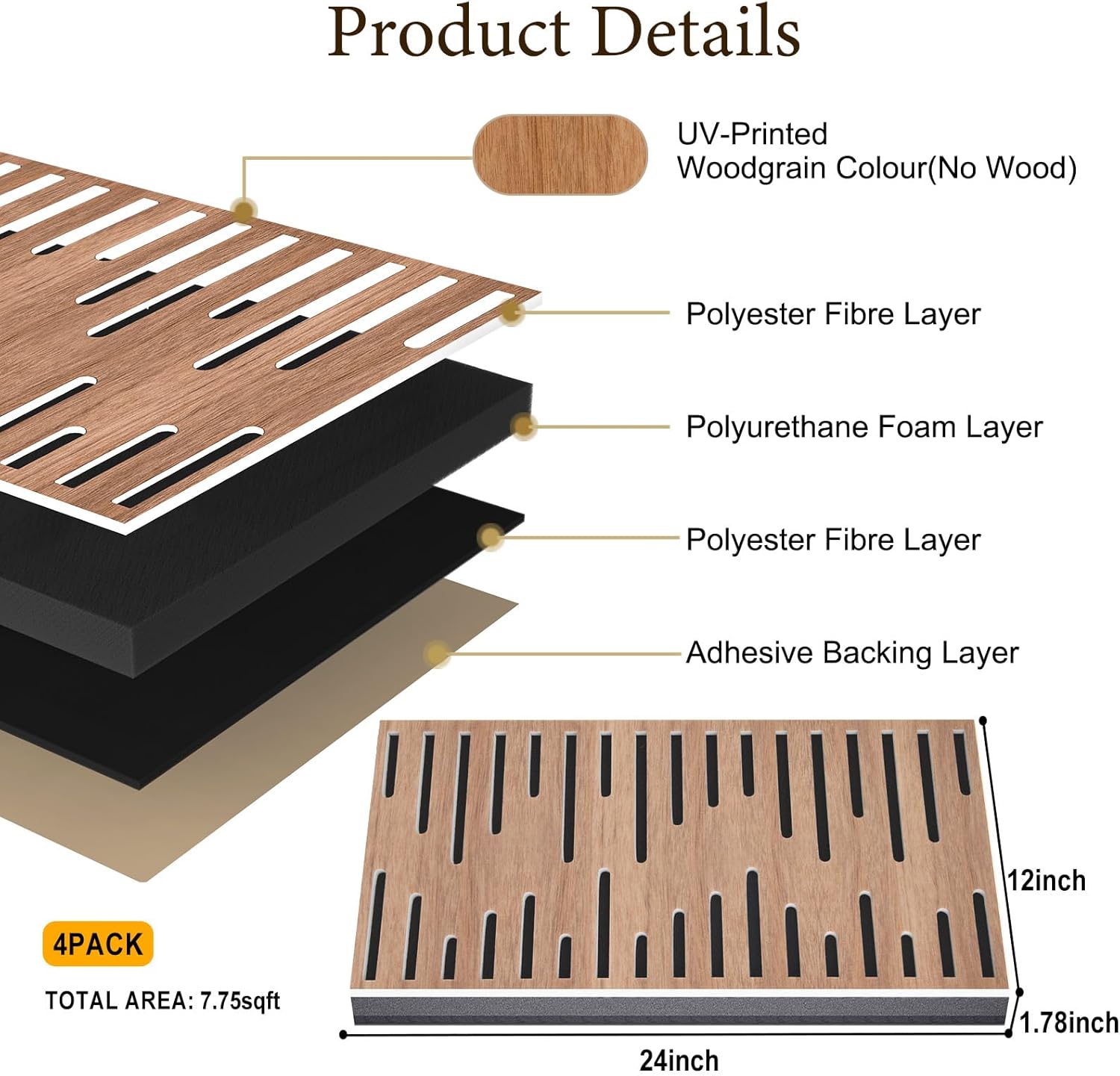 4pack acoustic wall panel, self-adhesive soundproof foam panels for wall, 3d perforated tri-layer polyester fiber decorative acoustic insulation for recording studio, office, 24×12×1.78", diverse-line 24×12×1.78"(diverse-line) traditional walnut grain