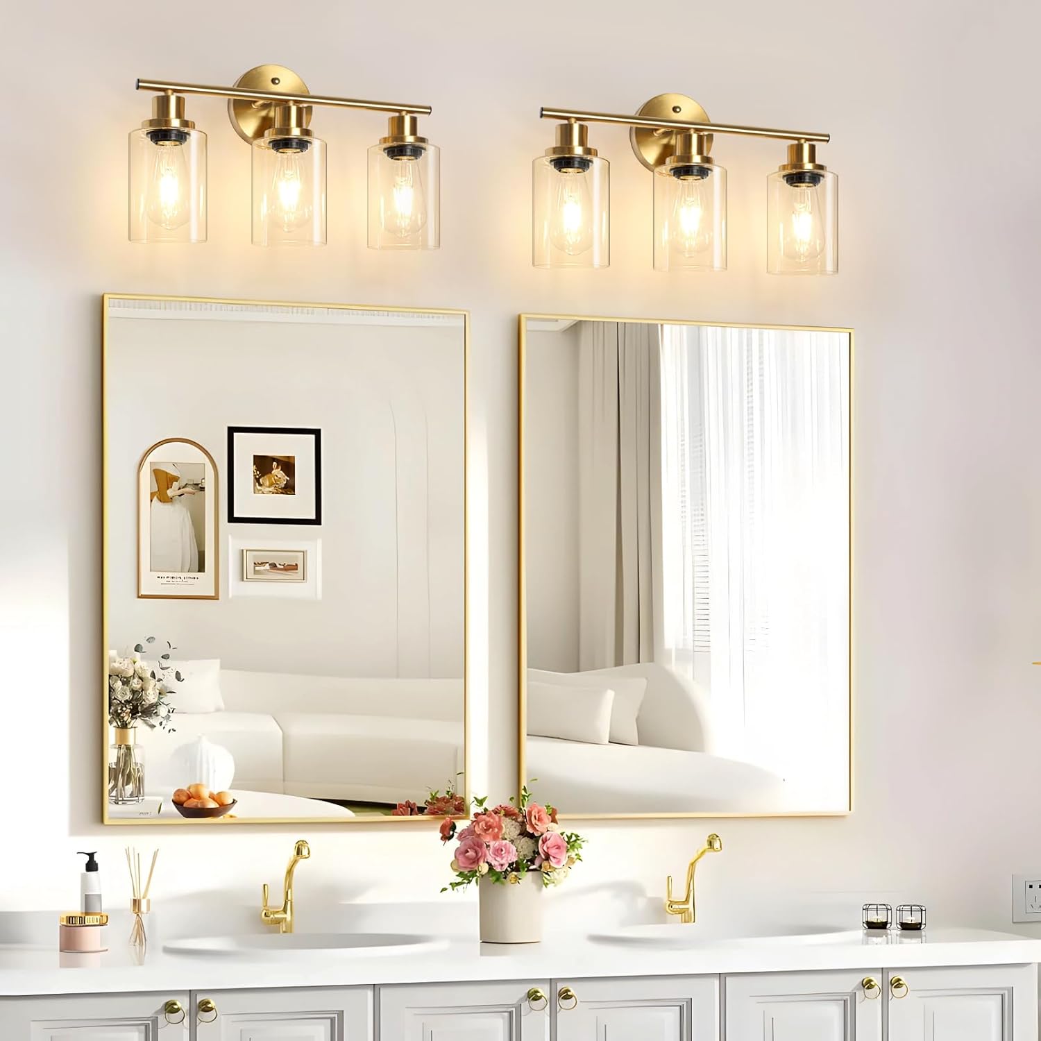 Unicozin Modern Bathroom Light Fixtures, 3 Light Vanity Lights, Gold Wall Lamp with Clear Glass for Bathroom, Mirror, Living Room, Bedroom, Hallway, E26 Base