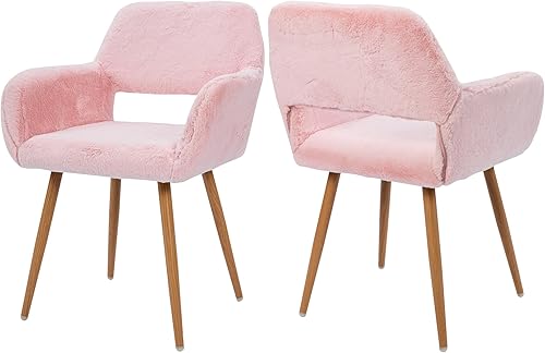 Juego de 2 sillas de escritorio peludas, modernas sillas de oficina en casa sin ruedas, silla de tocador de piel sintética con respaldo hueco,