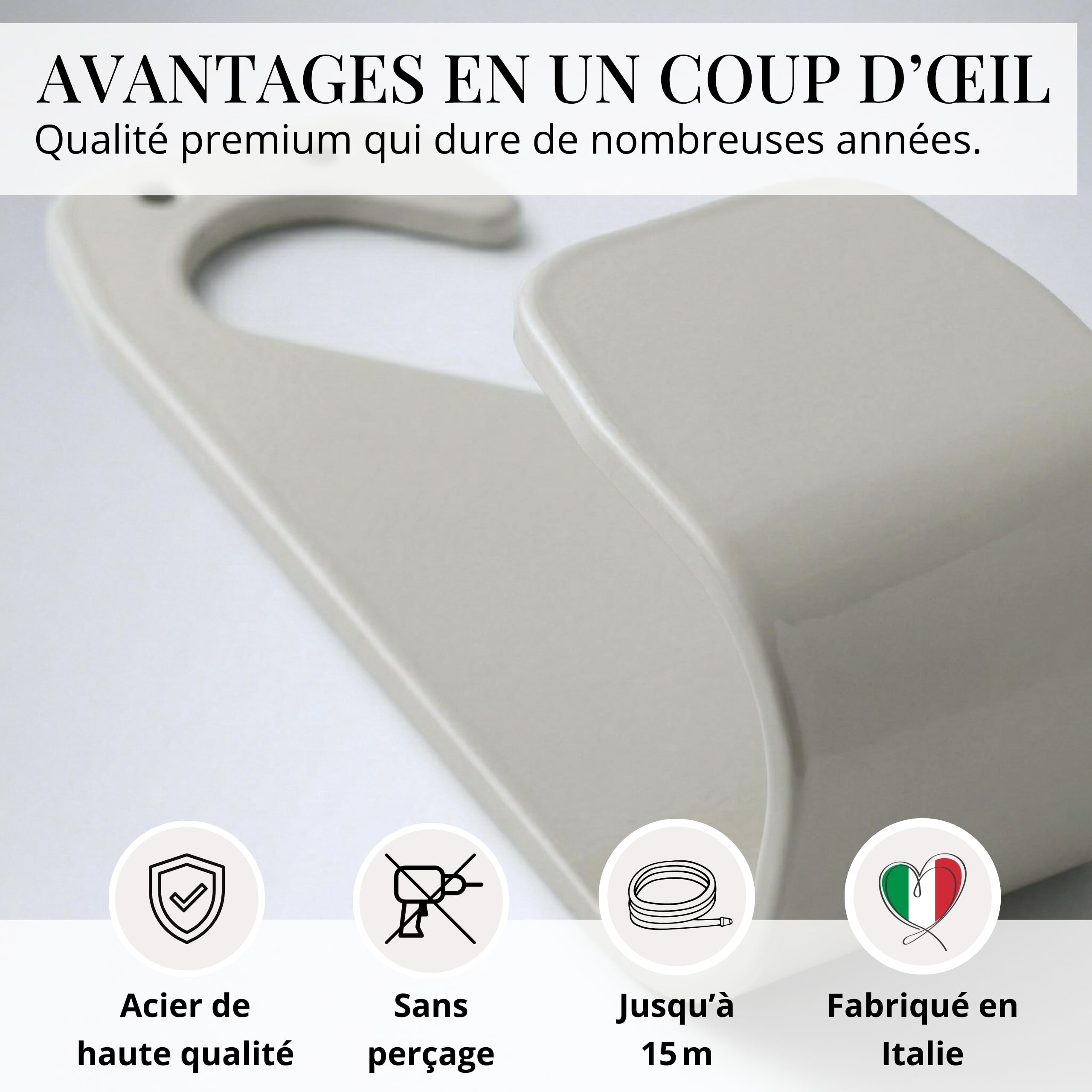 LIVLIG Crochet Support Tuyau Arrosage sans Perçage – Porte Tuyau Mural Métal pour 10m Tuyau Jardin / 20m Tuyau Flexible – Fabriqué en Italie – Greige