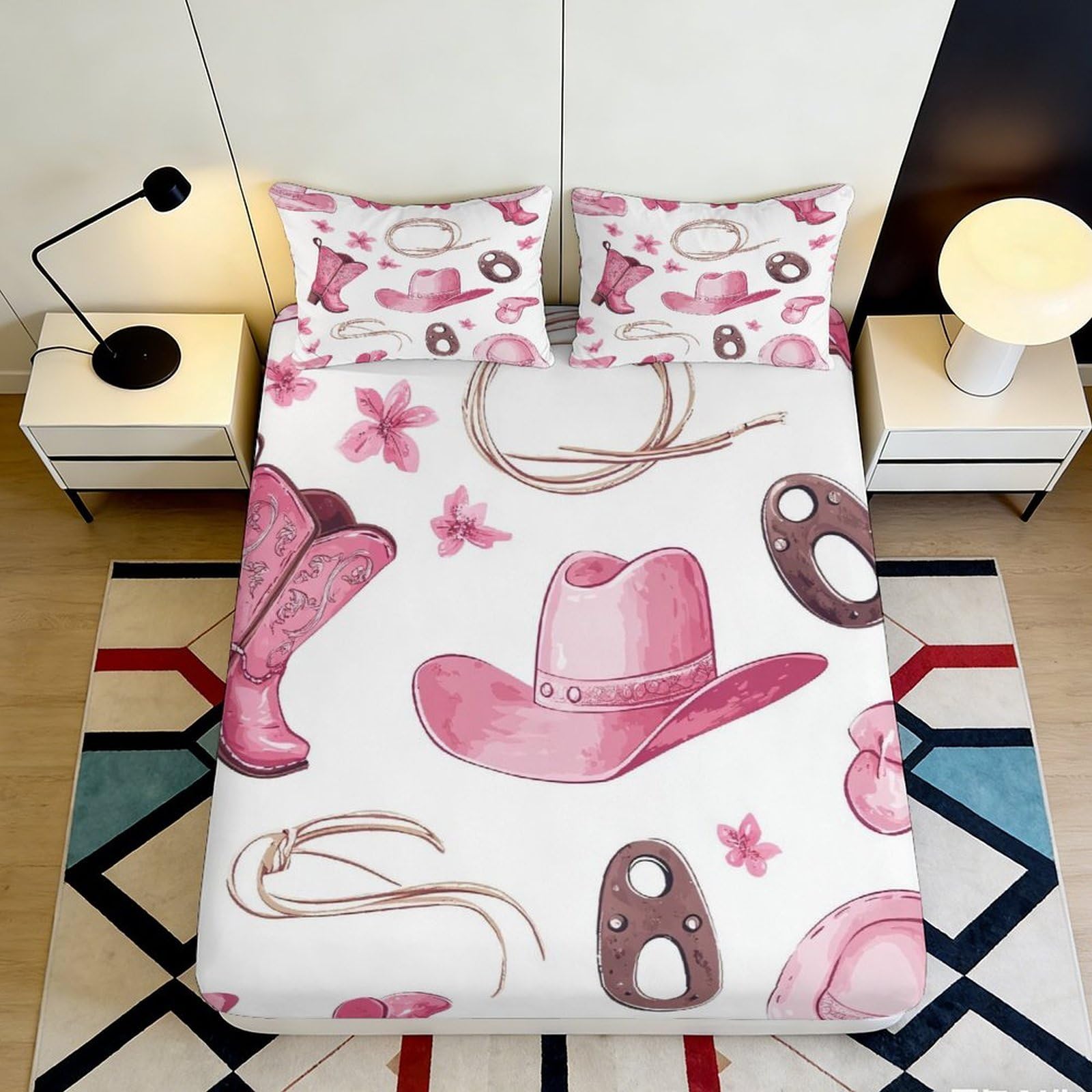 3D Printed Cowboy Hat Fitted Sheet Microfiber Pink Western Boots Bed Cover for Bedroom Dorm Mattress Decor 90x200x25cm