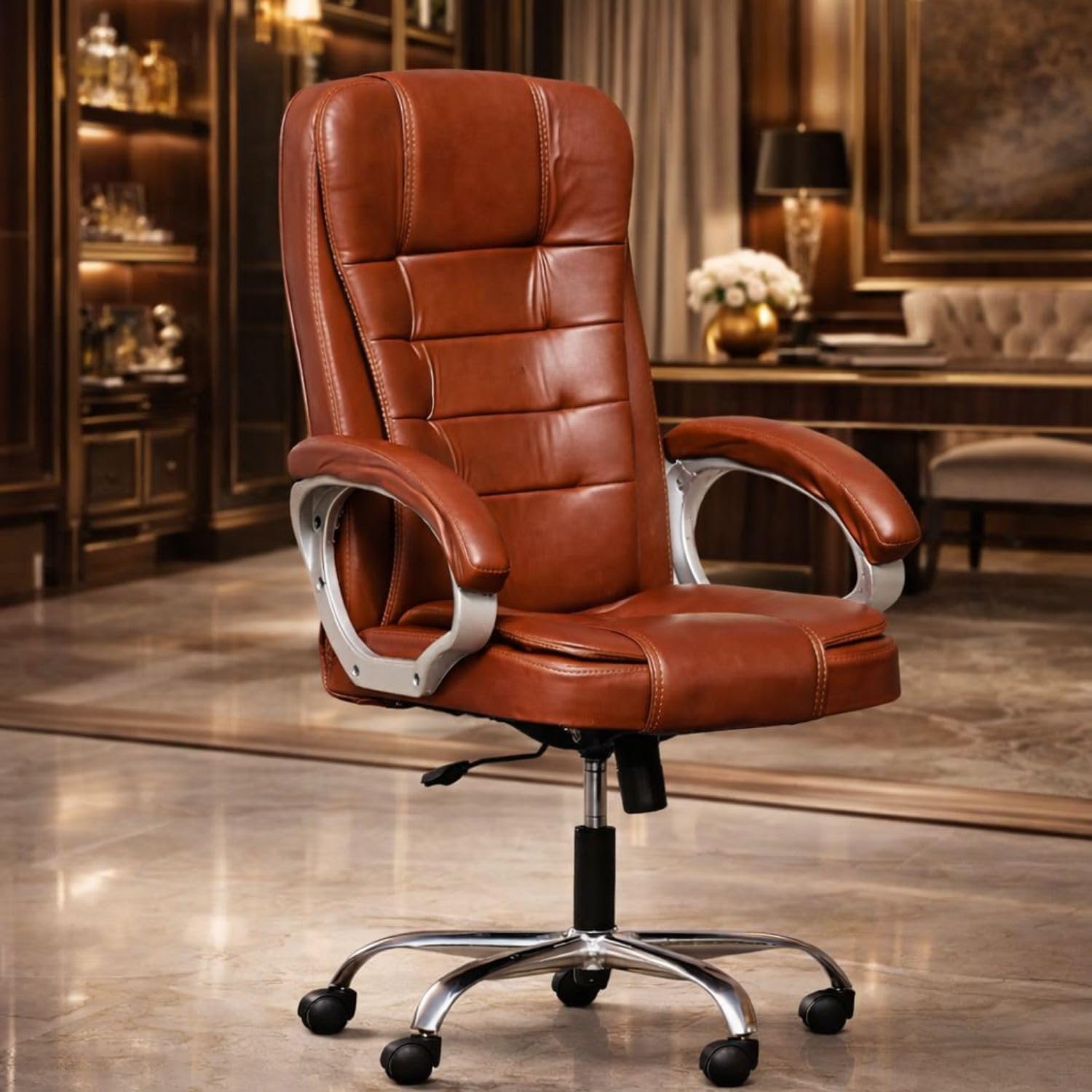 Leather Chairs for Office Work | Leatherette Boss Chair | High- Back Chair-Cushioned Seat & Armrests, Metal Base | Breathable Fabric Office Chair | Home, Gaming | 140 kg Capacity (Brown)