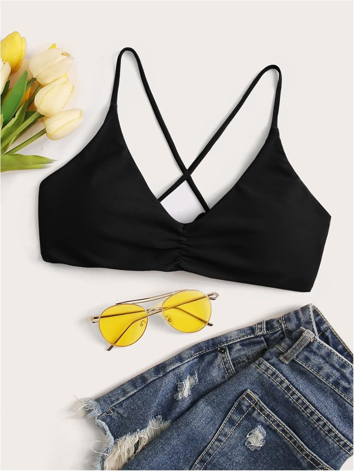 SHENHE Women's Lace Up Bikini Top Criss Cross Tie Back V Neck Padded Swimsuit Top Swimwear - Image 2