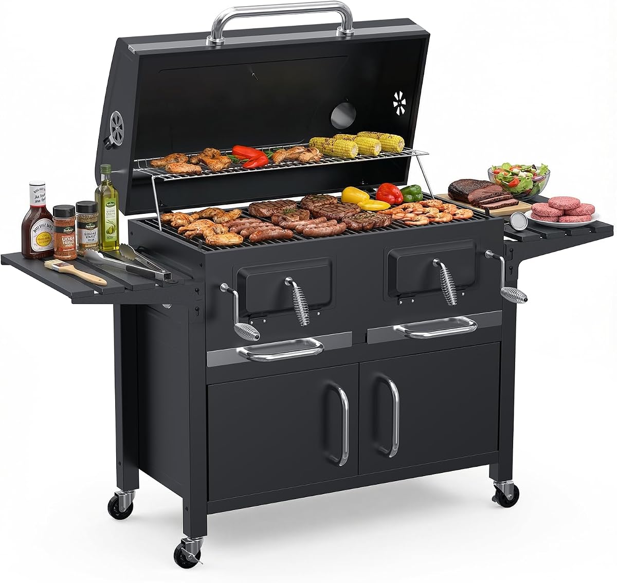 Bestfire Parrilla y ahumador de carbón de gran tamaño de 63 pulgadas, parrilla grande para exteriores con 2 bandejas de carbón de elevación individuales, parrillas de carbón estilo gabinete con mesas auxiliares plegables, 4 ruedas, Asadores de carbón