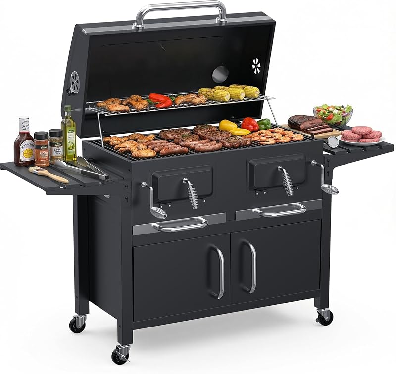 Bestfire Parrilla y ahumador de carbón de gran tamaño de 63 pulgadas, parrilla grande para exteriores con 2 bandejas de carbón de elevación individuales, parrillas de carbón estilo gabinete con mesas auxiliares plegables, 4 ruedas, Asadores de carbón
