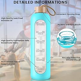 PROBTTL 32 Oz Borosilicate Glass Water Bottle with Time Marker Reminder Quotes, 1 Liter Leak Proof Reusable BPA Free Motivational Water Bottles with Silicone Sleeve and Bamboo Lid (Teal)