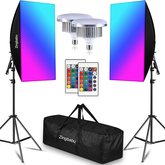 Softbox Lighting Kit, Zingbabu Photography Lighting Kit with 2X 20X28 inch Soft Box, 2X 150W 3200-6000K E27 RGB Led Bulb Studio Lighting for Video Recording