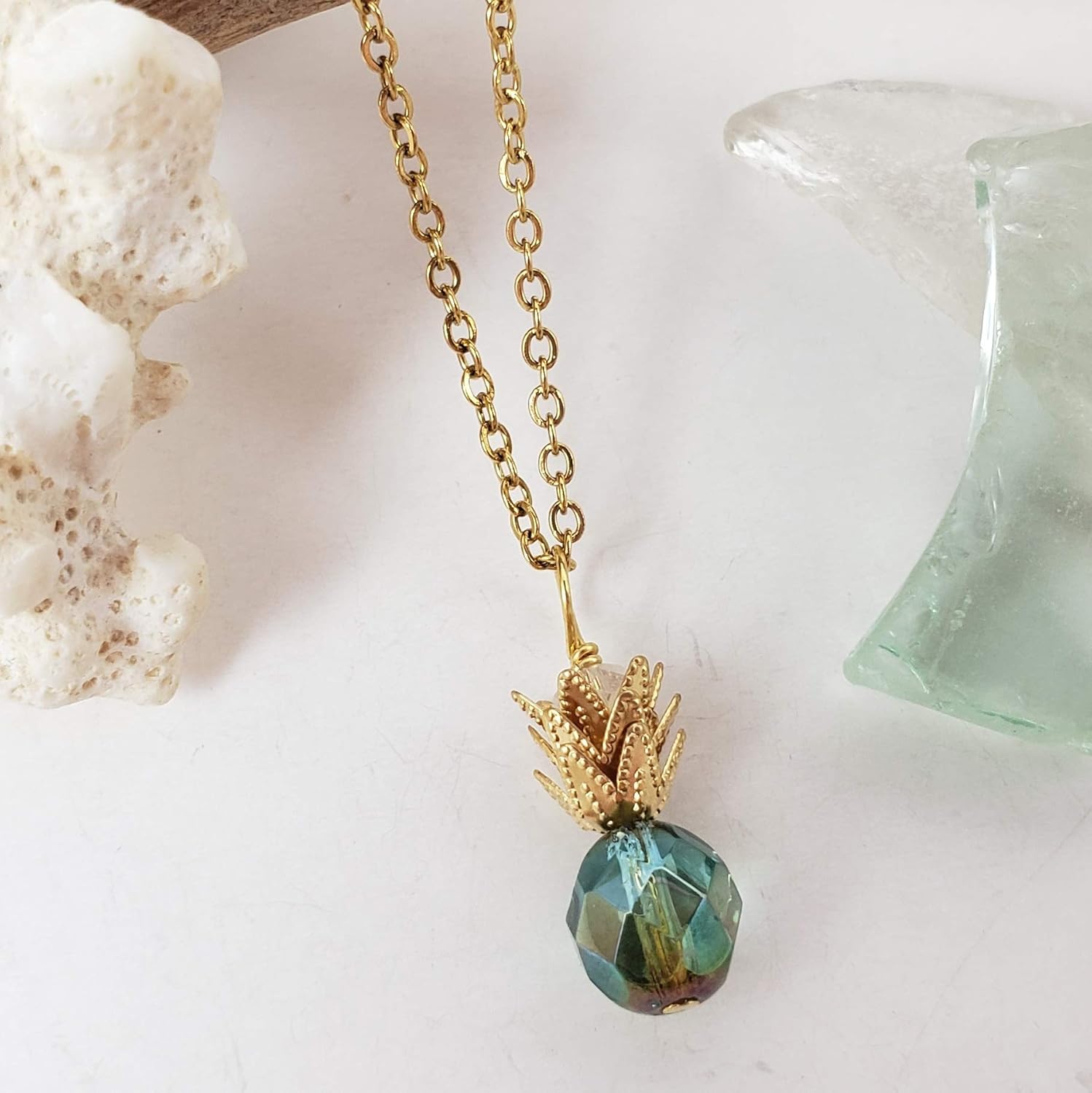 Pineapple green and gold necklace in gold-hypoallergenic for sensitive skin, Handmade in Hawaii Beach Jewelry