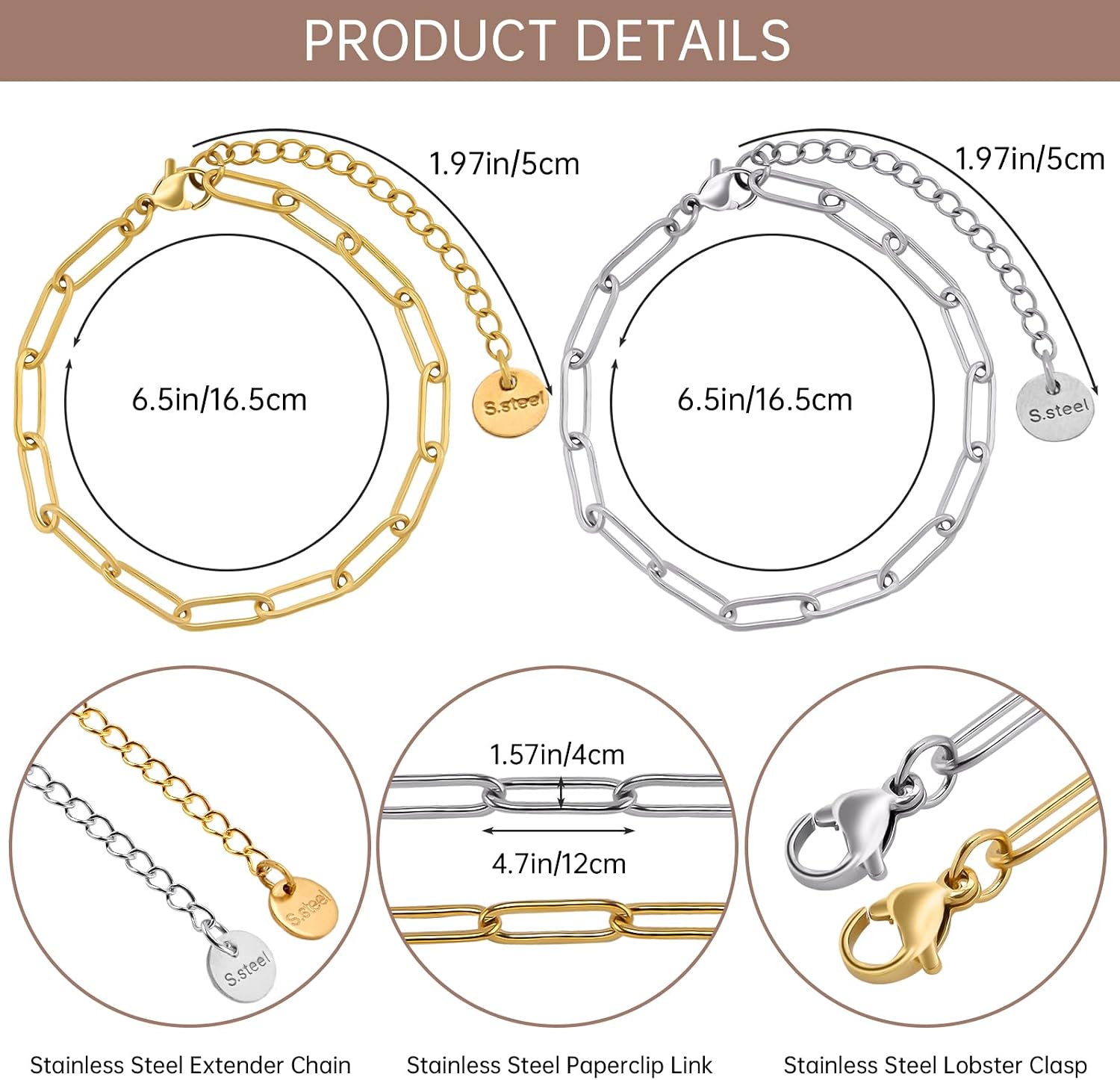 UMAOKANG 12PCS Stainless Steel Adjustable Paperclip Chain Bracelet Kit image 2