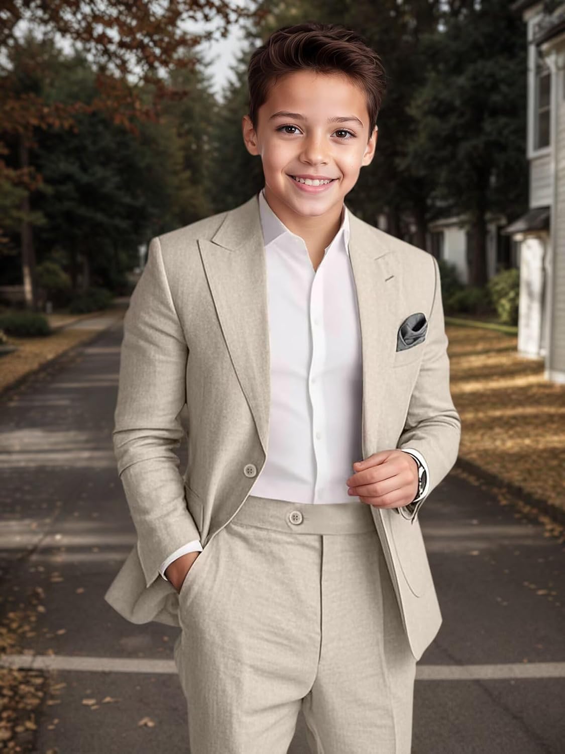 Boys Linen Suits for Kids Slim Fit 2 Piece Summer Suit Beach Wedding Outfit Teen Boy Linen Tuxedo Suit Set