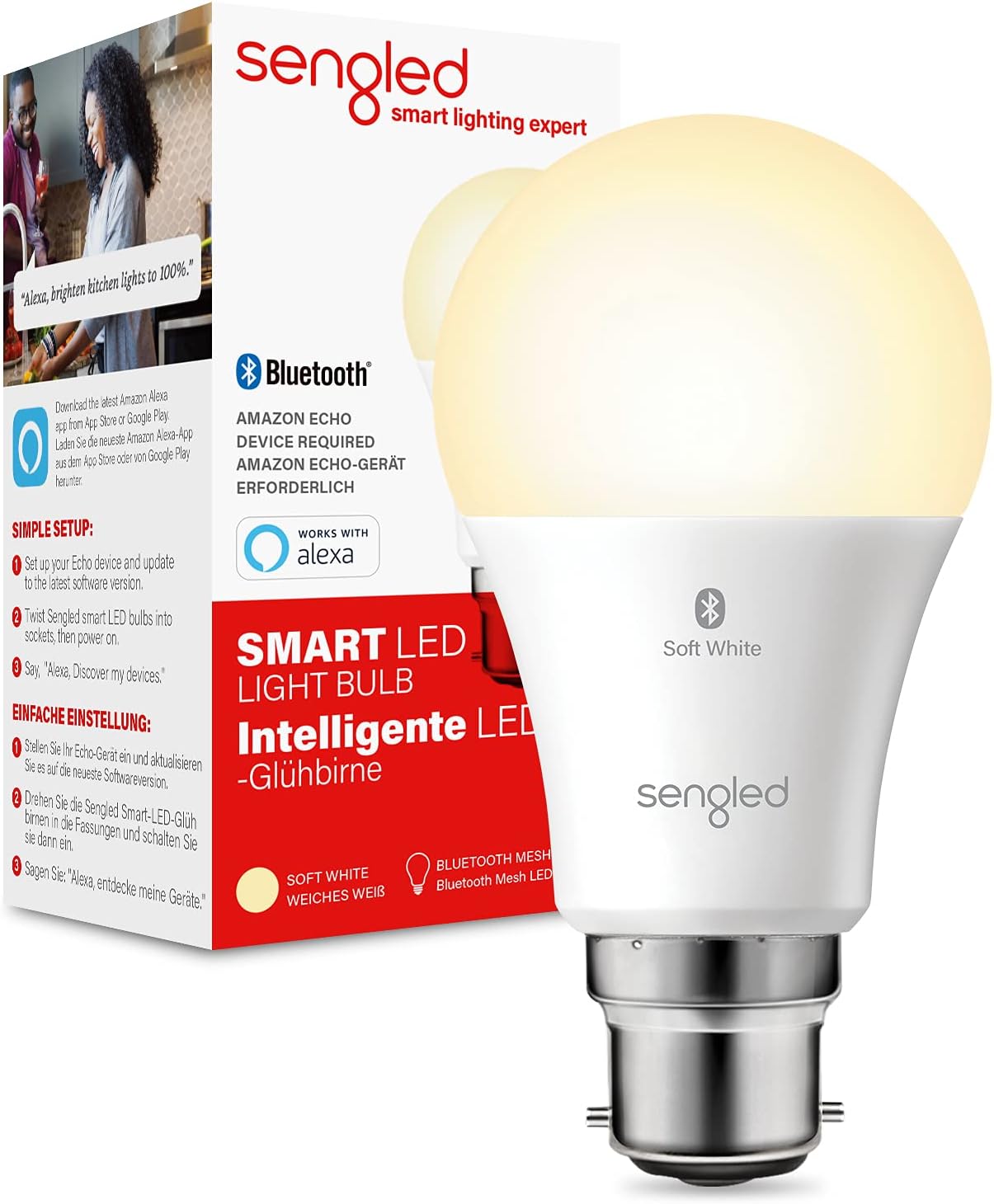 SengledSmart Bulb, Alexa Light Bulb Bayonet, Bluetooth LED Bulb B22 Works with Amazon Alexa Smart Home Devices (Echo and Echo Dot), Group Control, Energy Saving 8.8W 806LM, Soft White, 1 Pack
