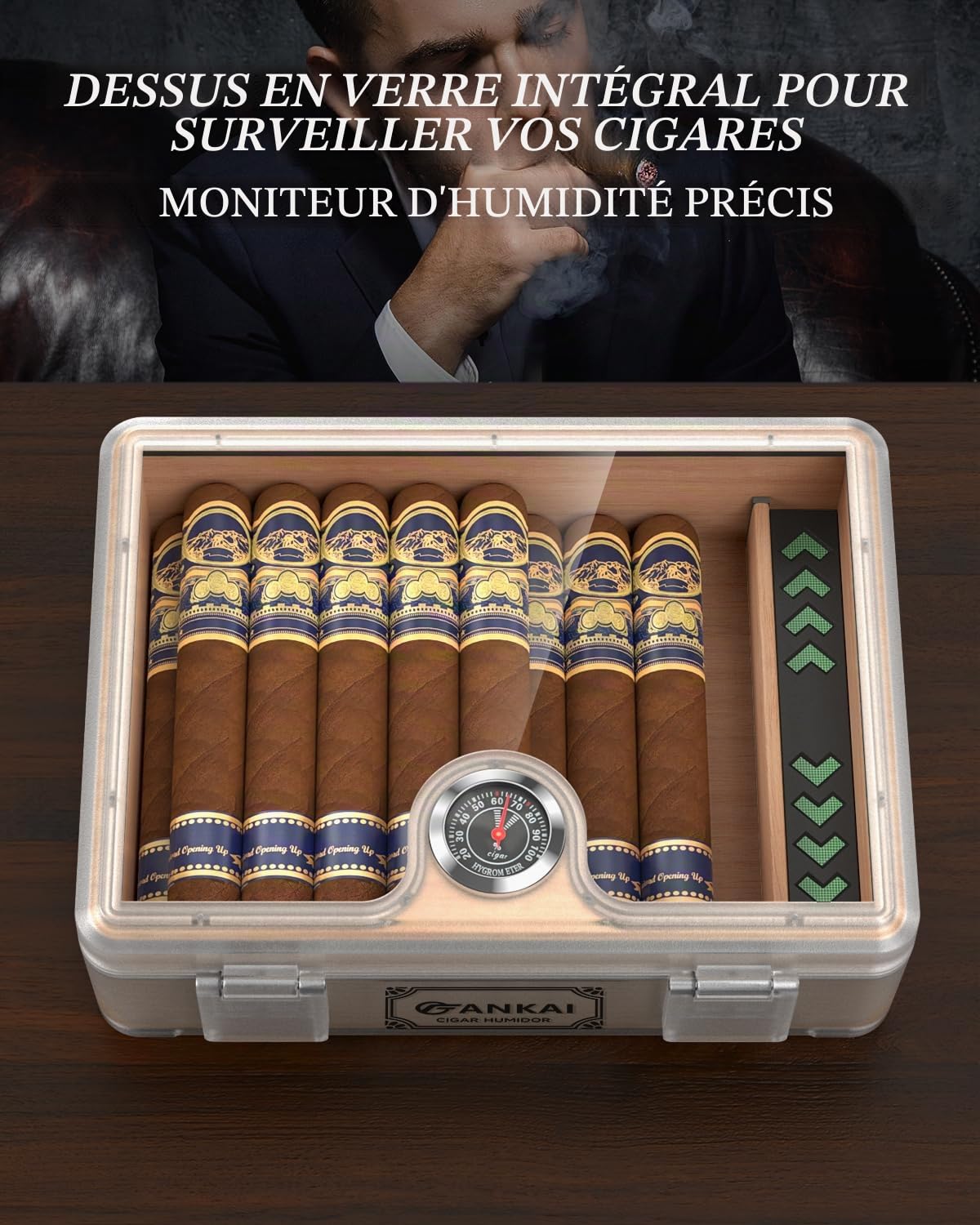 Cave à cigares, avec guillotine droite, coupe en V, perforatrice et support, étui à cigares en verre, doublure en bois de cèdre, accessoires humidificateur, hygromètre, coffret cadeau