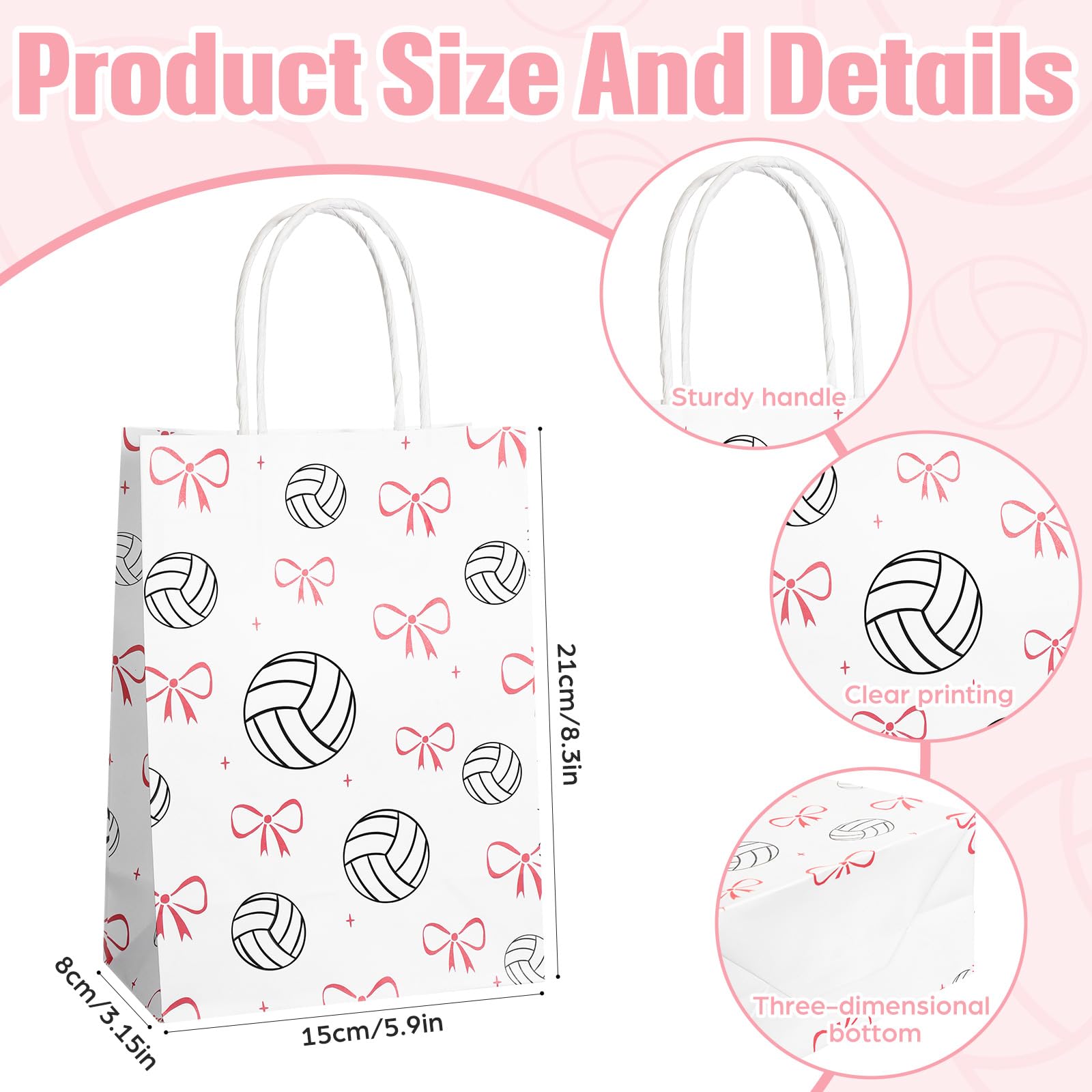 Spiareal 24 Pcs Volleyball Paper Gift Bags with Handles, Volleyball Party Favors Snack Goodies Pink Bow Bags for Team Sport Birthday Themed Party for Decorations, Game Celebration