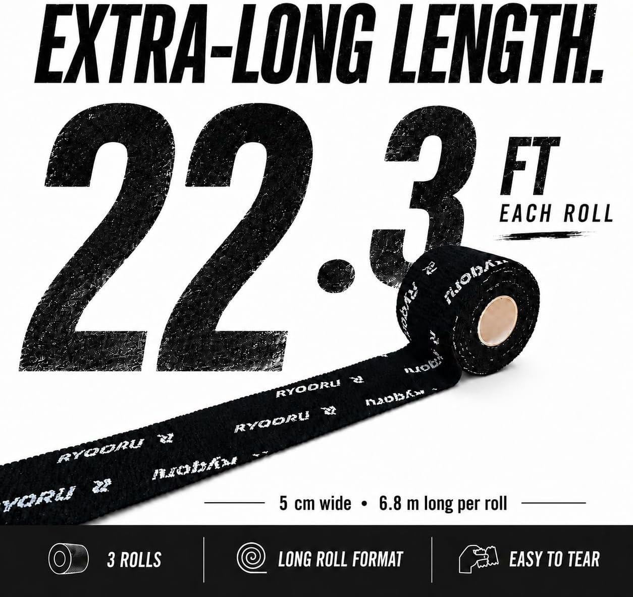 Weightlifting Thumb Tape, 2 in x 22.3 ft Self Adhesive Hook Grip Tape, Black Athletic Finger Wrap for Lifting, Powerlifting, Deadlift, Gym Workout and Cross Training, 3 Rolls