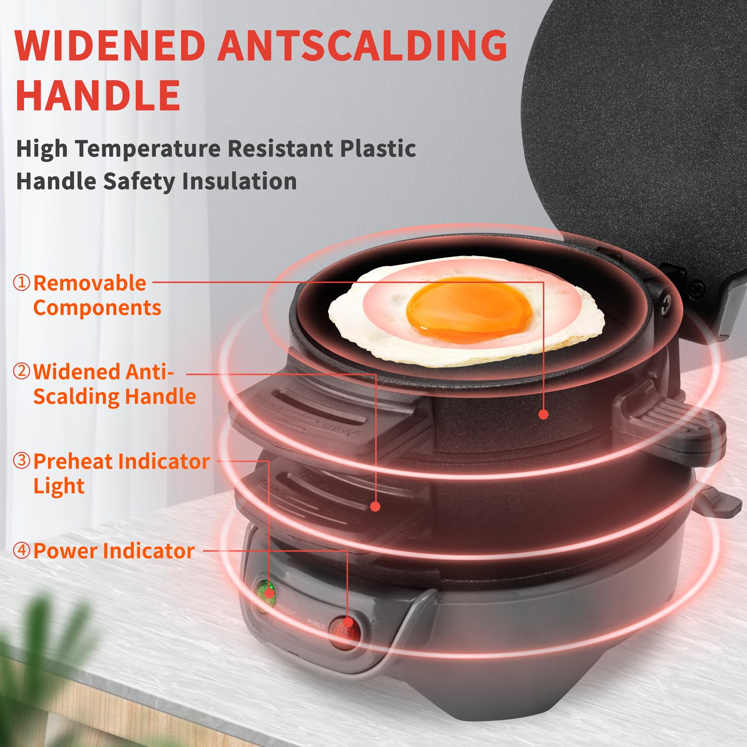 HENYEER Sandwich Toaster Burger Maker, con anelli per uova e timer, efficienti piastre riscaldanti antiaderenti con rivestimento in ceramica antiaderente, perfette per hamburger, etc (Grigio)