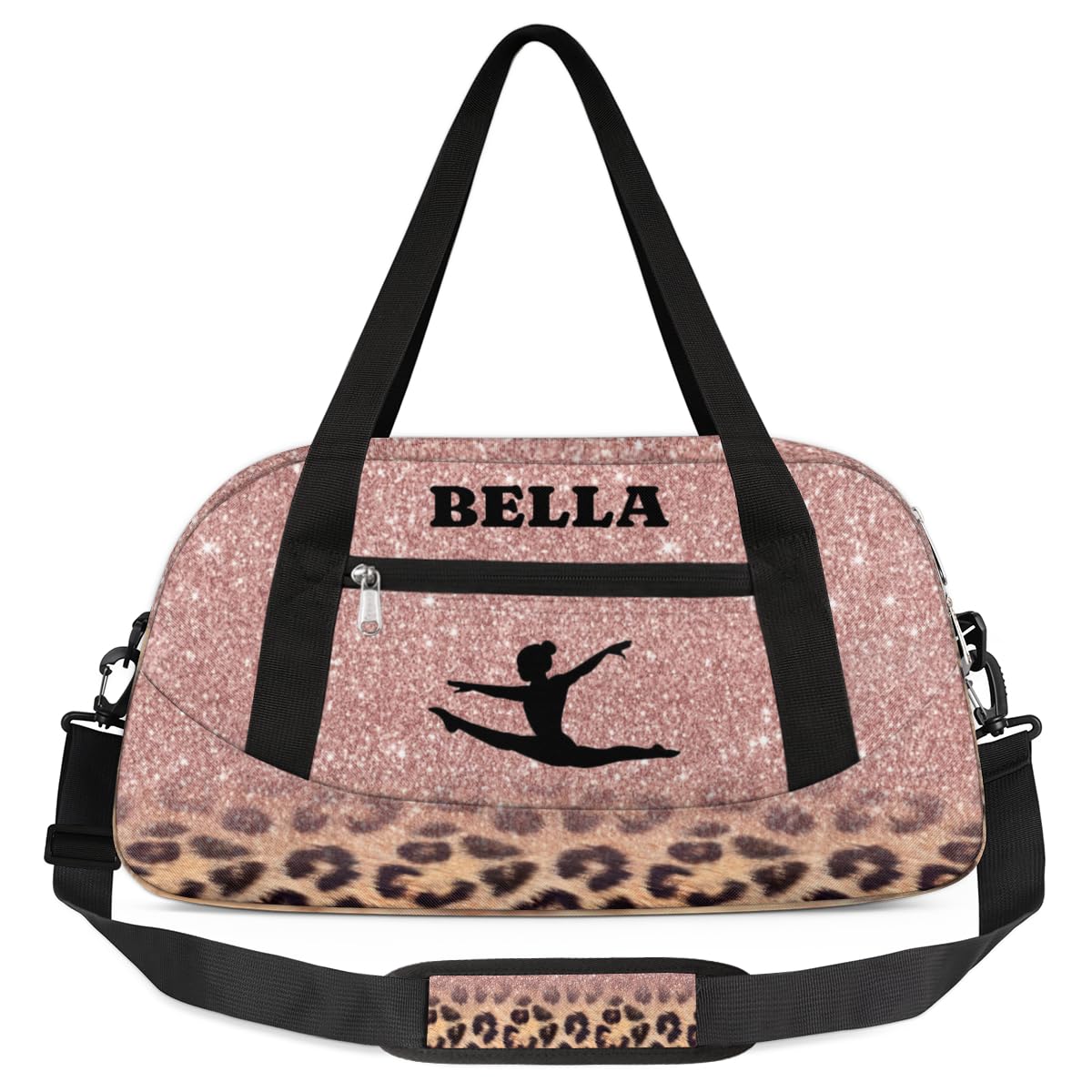 Personalized Dance Gym Bag for Girl, Custom Sport Weekender Travel Duffel Bag - Rose Leopard Gymnastics