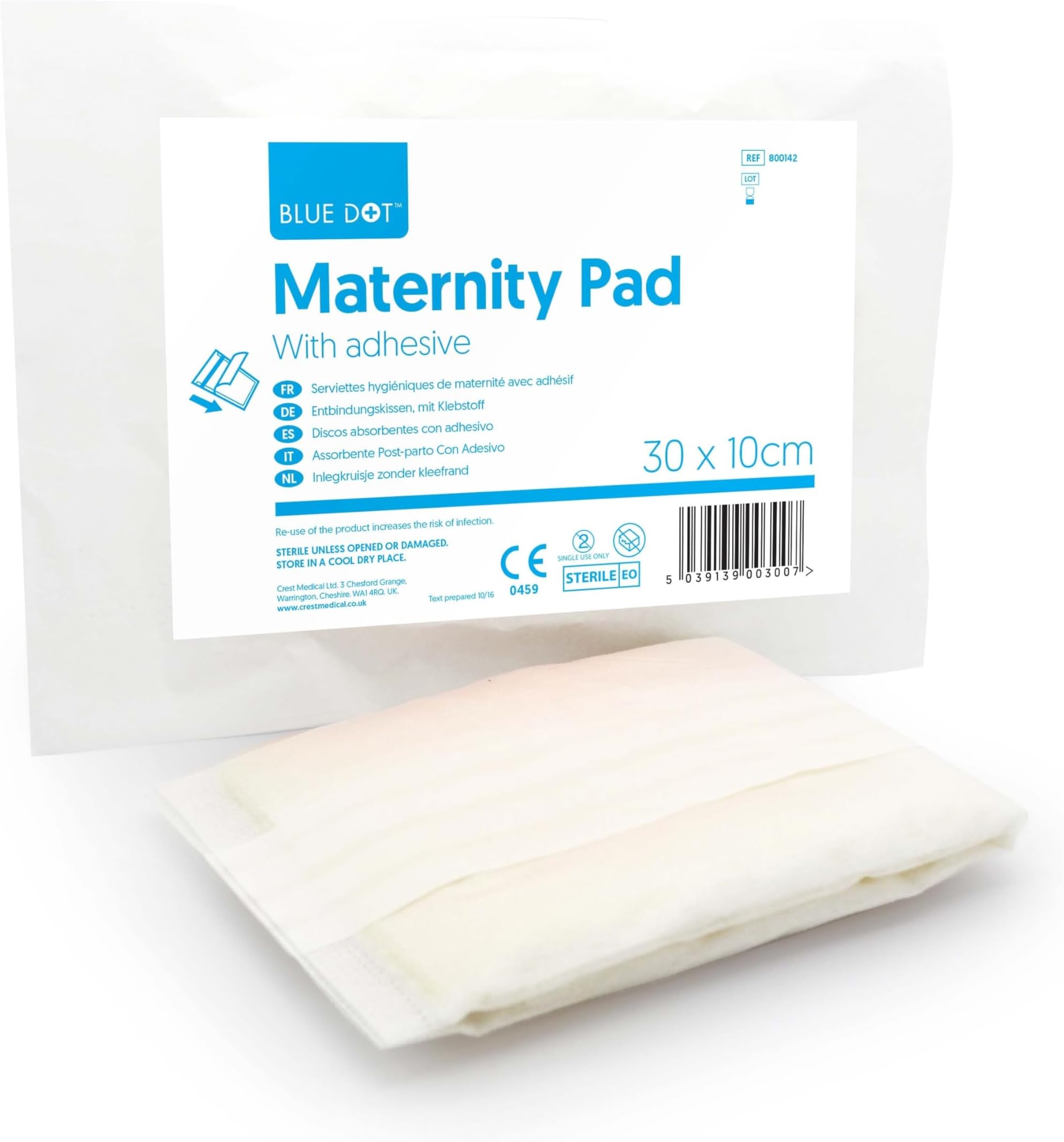 Blue Dot Sterile Maternity Pad with Adhesive 100-Pieces, 30 cm x 10 cm Size