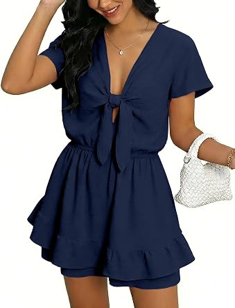 Angashion Womens Summer Shorts Romper Sexy V-Neck Self Tie Double Layer Ruffle Hem Romper Dress with Pockets