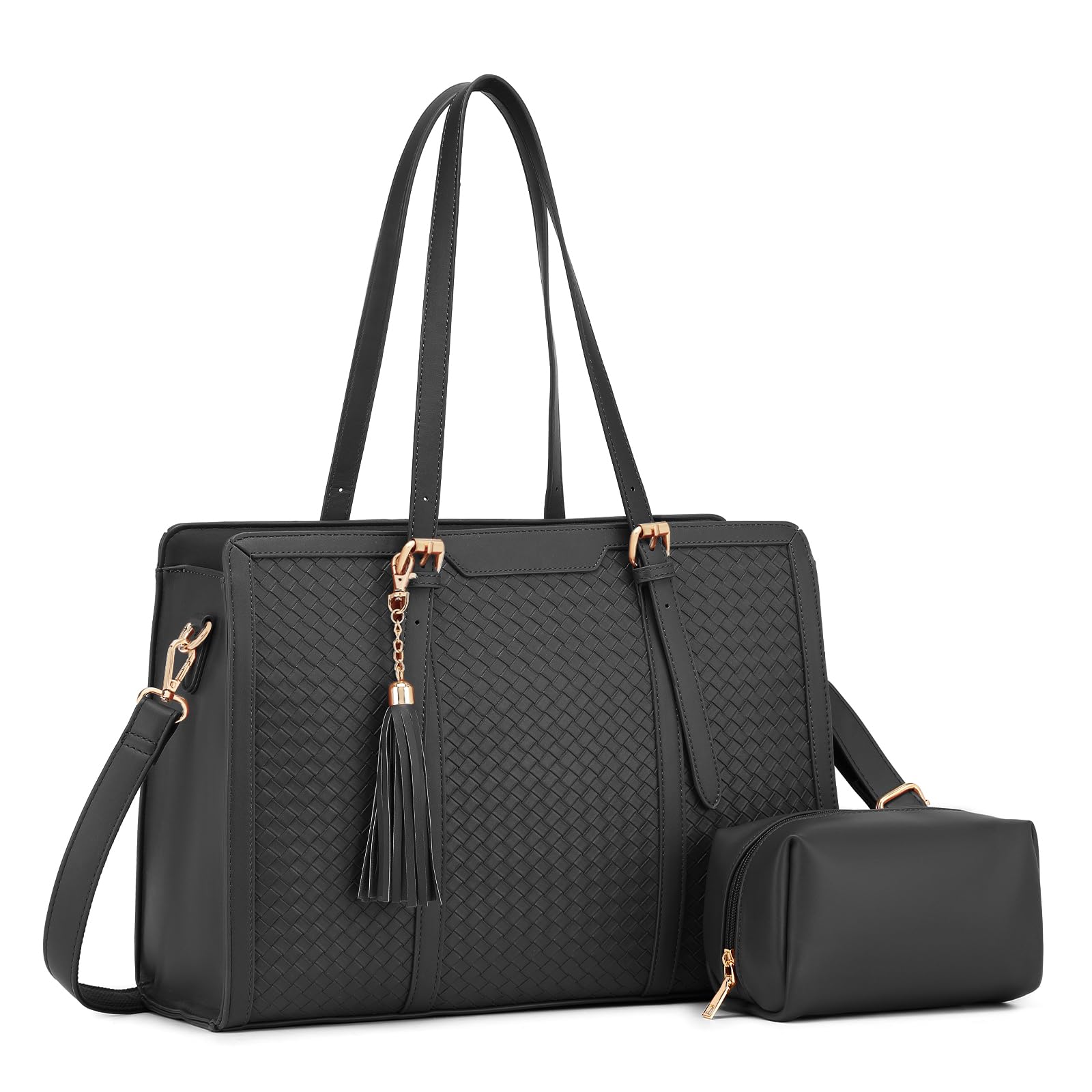 Laptop Tote Bag for Women fits 15.6 Laptop, PU Leather Handwoven Work Tote bags for Women Large Capacity Computer Office Tote Handbag with Clutch Purse for Business, Work, Daily Use, Black-image-48