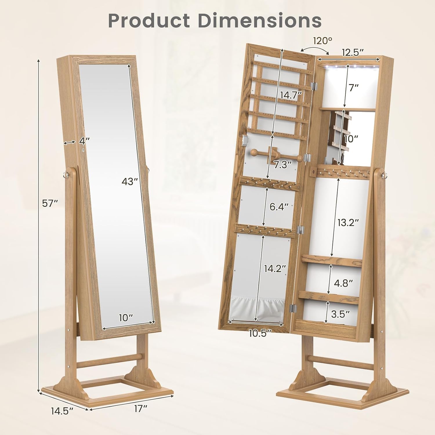 CHARMAID Jewelry Armoire with Full Length Mirror, Lockable Jewelry Cabinet with Large Jewelry Storage, 6 LED Lights, Inner Makeup Mirror, Standing Jewelry Organizer Box (Wood Grain)