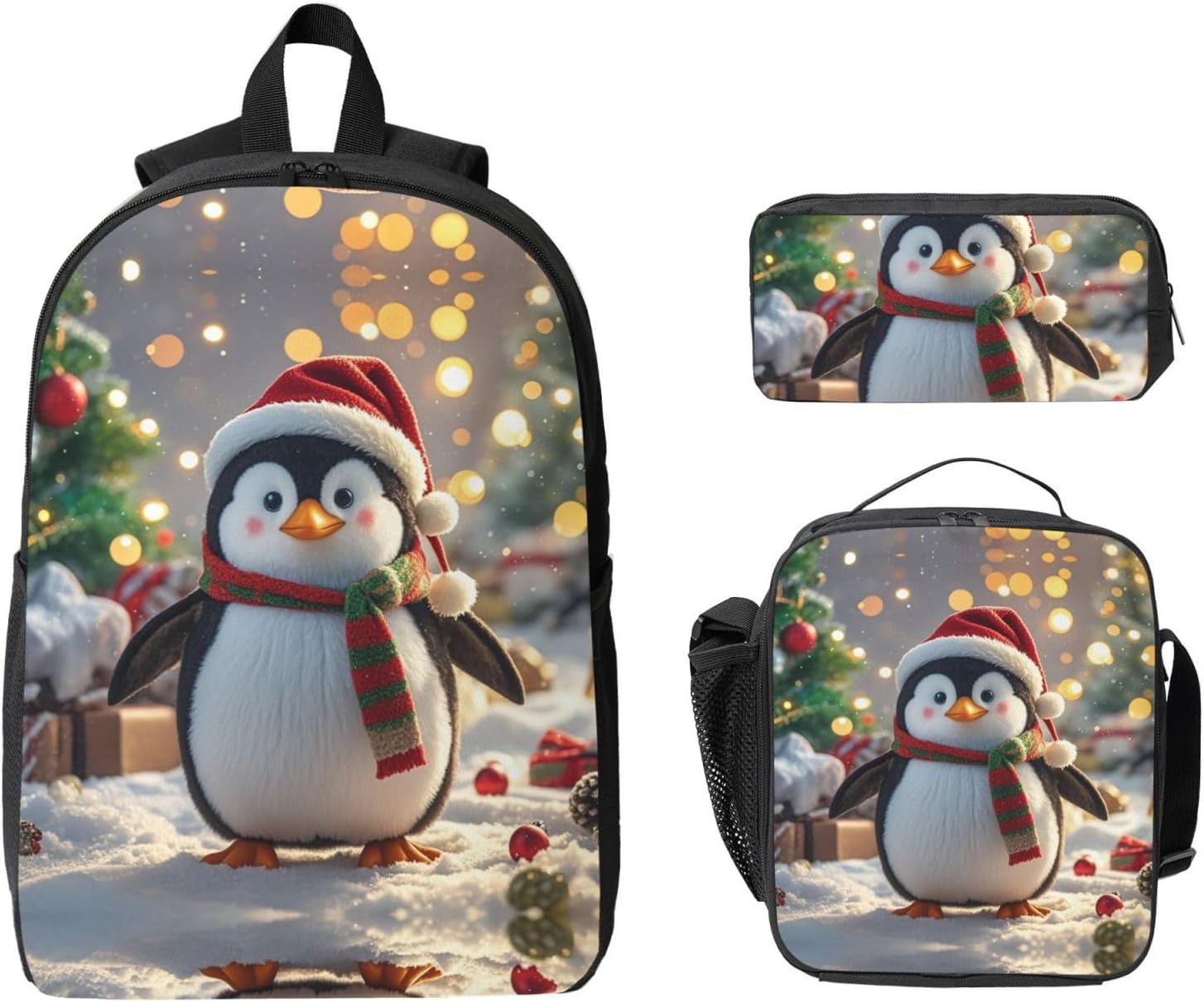 Christmas Funny Penguin Backpack Set 3 PCS - 17 Inch Laptop Backpack with Lunch Bag, Waterproof Daypack Insulated Lunch Box Large Capacity Coin Pouch Personalized Gift image 2