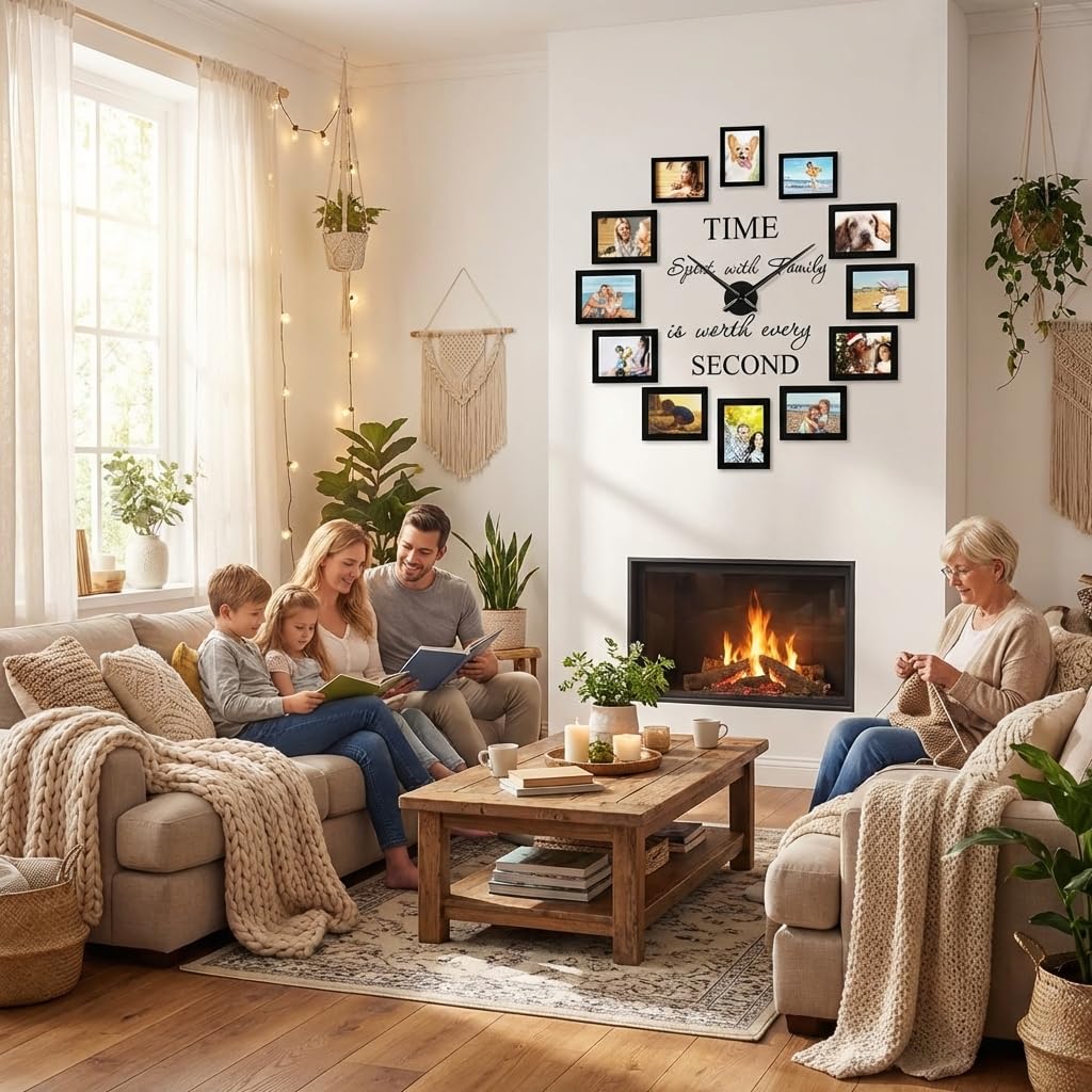 Luming DIY Wanduhr Groß Mit Bilderrahmen Collage - Modern Wohnzimmer Uhr Wand - 12 Stücke 10x15 Schwarz - Fotorahmen Set für Mehrere Fotos - Wall Clock Schwarz