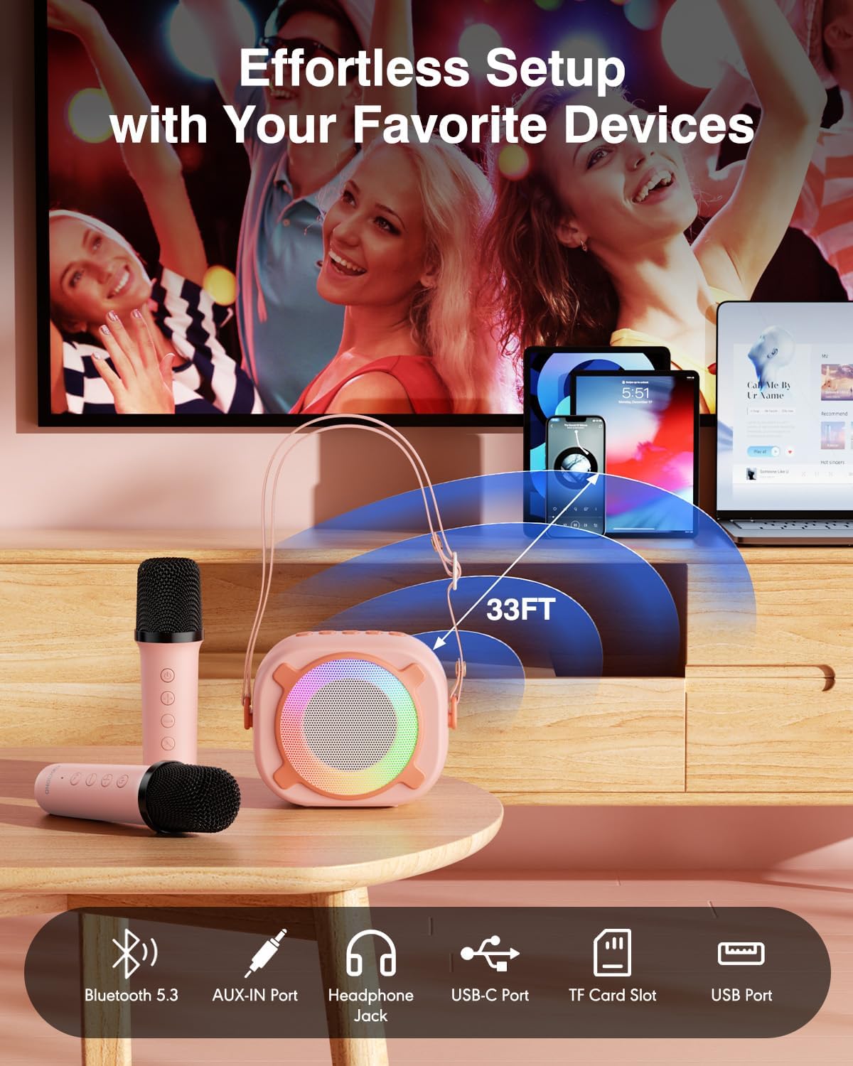 Karaoke Machine for Kids, Mini Portable Bluetooth Speaker with 2 Wireless Microphones and Party Lights for Girls Boys Family, Support USB/AUX/TF Card for Birthday Gifts Home Party - Image 5