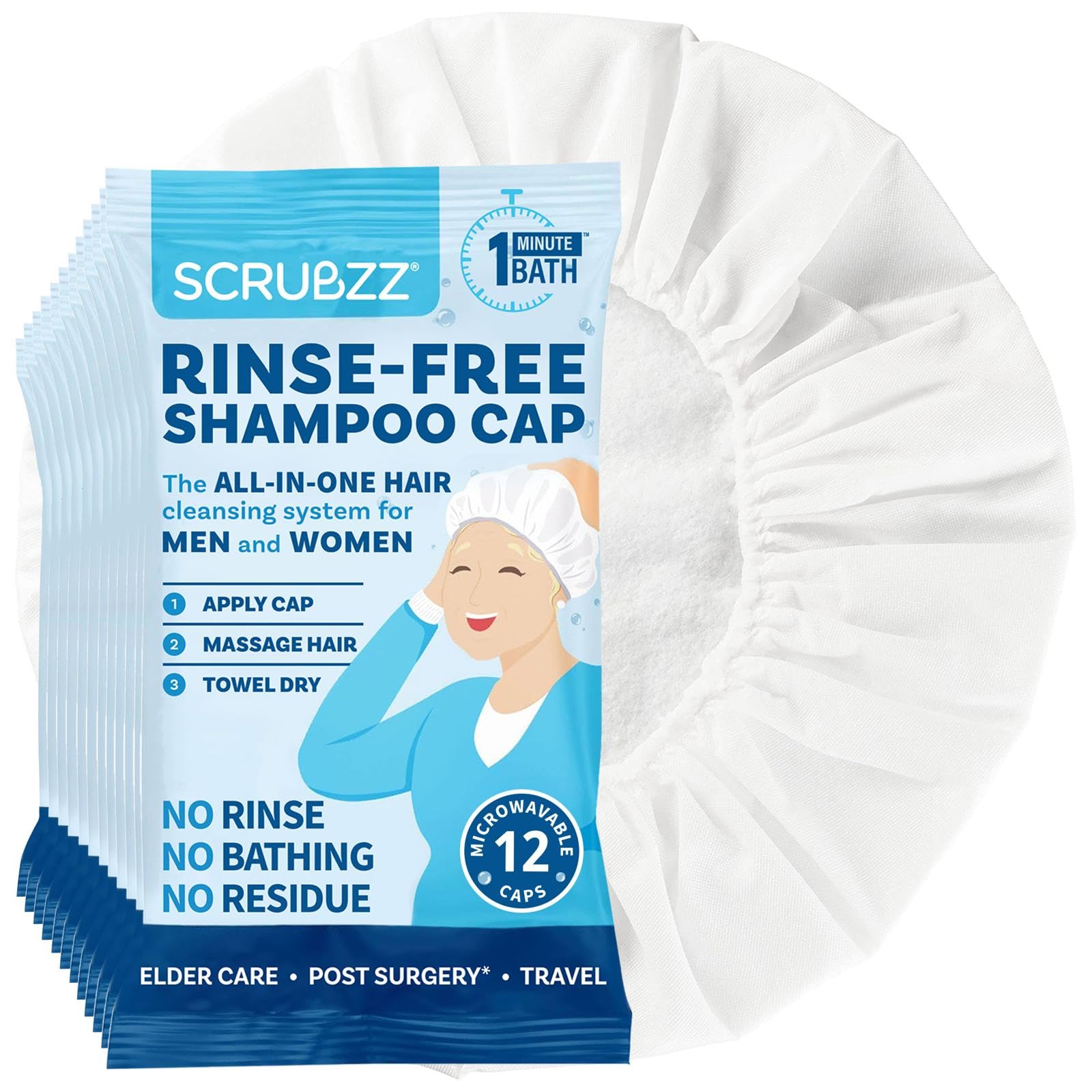 Scrubzz Shampoo Caps No Rinse for Elderly and Bedridden Patients, Rinse Free Shampoo Caps for Post Surgery and Hospital Stays, Waterless Hair Washing Shower Caps - 12 Pack