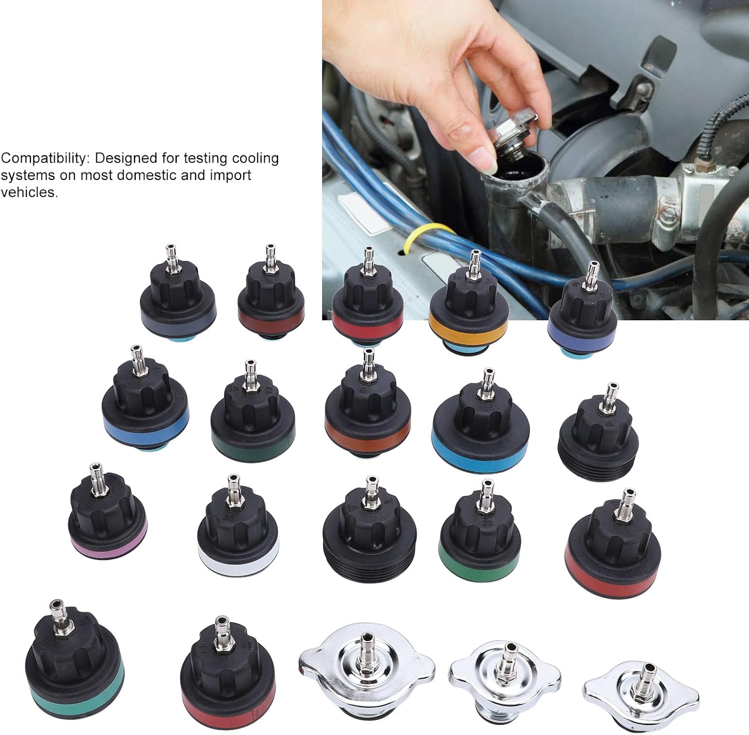 28PCS Radiator Coolant Pressure Tester Kit, Universal Cooling System Leak Detector and Vacuum Refill Tool with Color Coded Caps for Most Domestic and Import Vehicles
