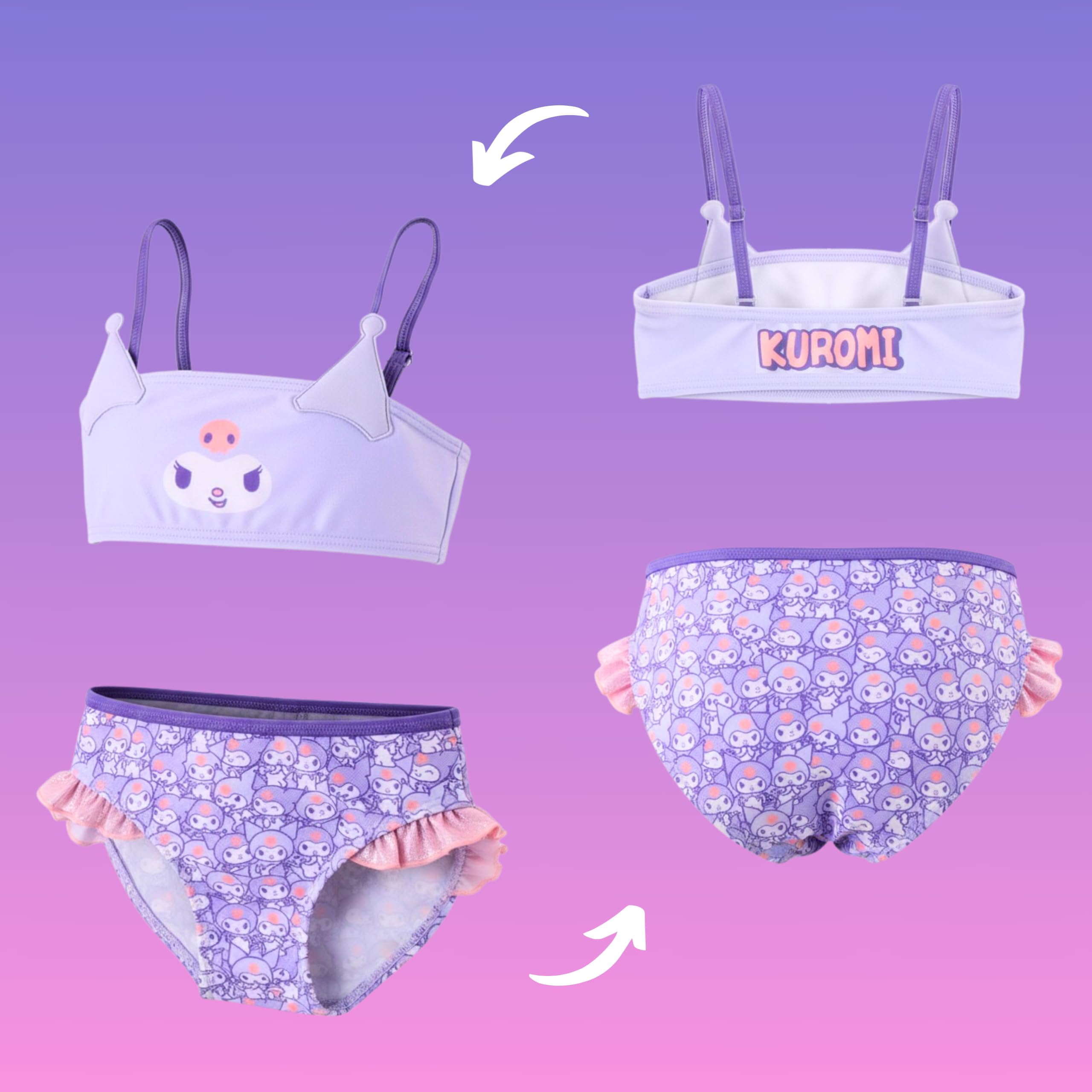 Hello Kitty Kuromi Bikini para Niña, Diseño Purpurina Bañador de Dos Piezas Verano Infantil, Tallas 4 a 10 Años