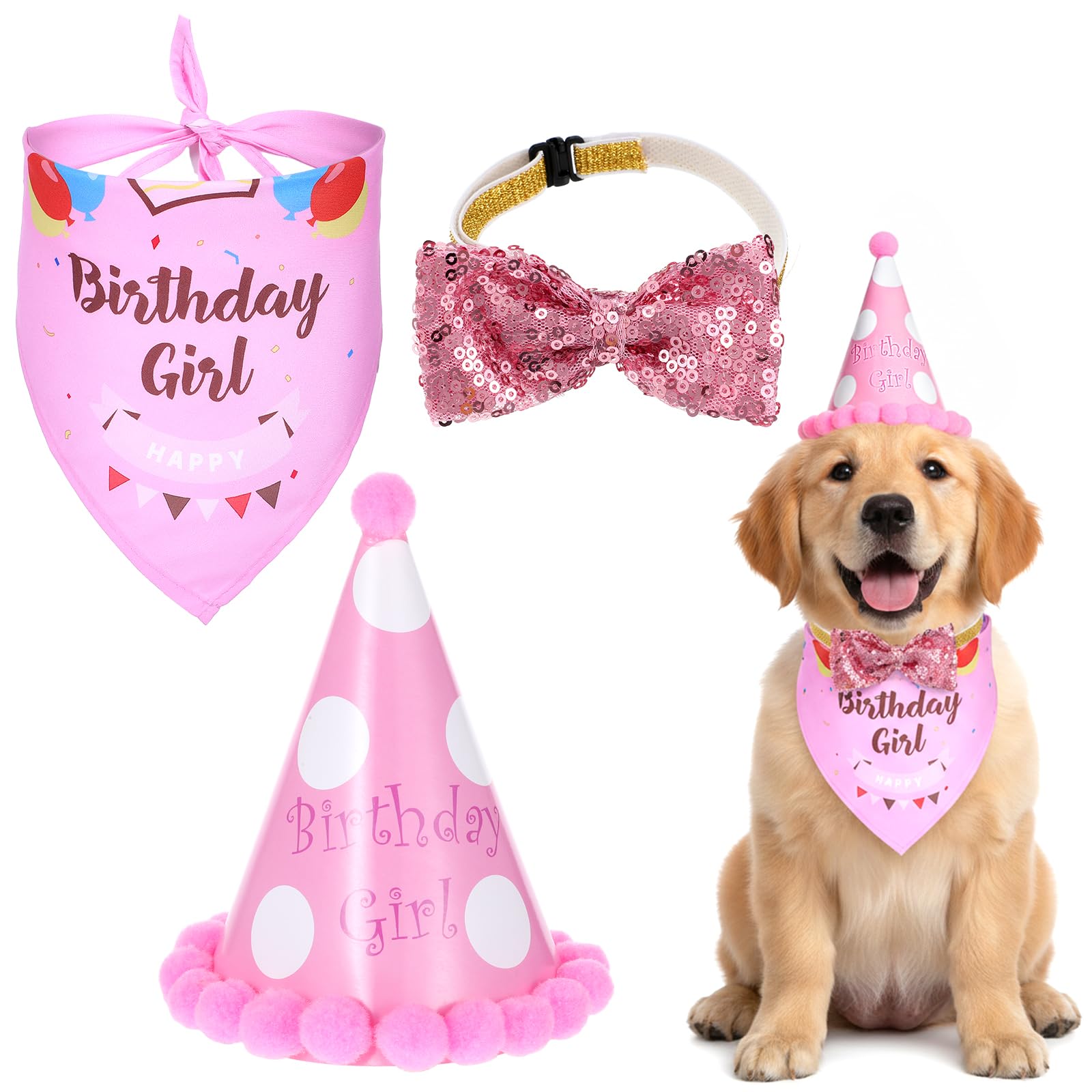 Girl Dog Birthday Bandana, "Birthday Girl" Dog Birthdays Party Triangle Scarf, Hat Bow, Tie Headwear for Pet Puppy Cat Birthdays Party Decoration Supplies(Pink)