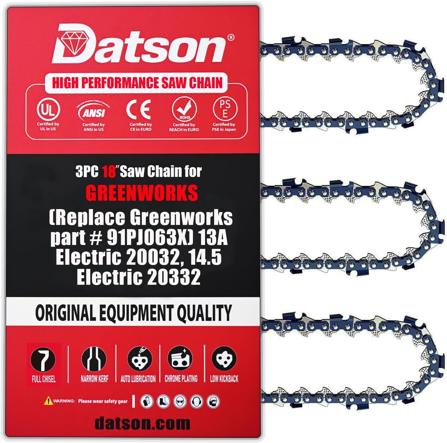 18" Chainsaw Chain Blade Replacement For Greenworks 91PJ063X 14.5A ELECTRIC 20332,CRAFTSMAN 172.34120,PRORUN PCS420C,WORX WG300, WG303, WG304, WG304.1