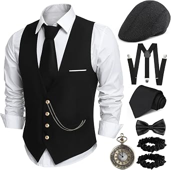PARTTELY 1920s Mens Costume,Roaring 20s Costumes for Men,1920S Mens Outfit Accessories with Vest Hat Pocket Watch Tie Armband
