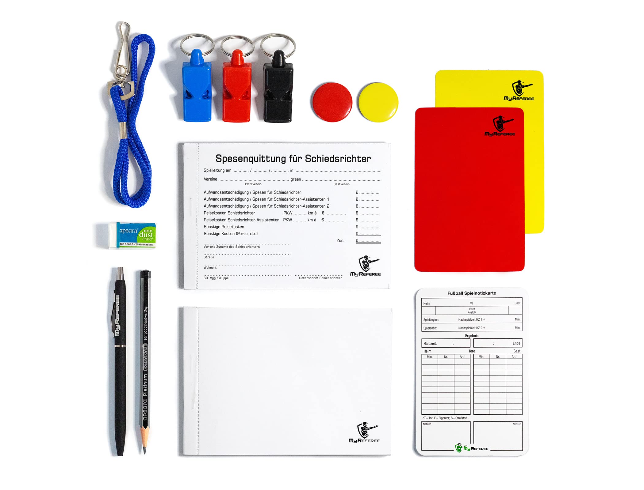 Set di arbitri da calcio professionale con 3 fischietti, carte da gioco, penna a sfera UVM. | Set arbitri | Schiri
