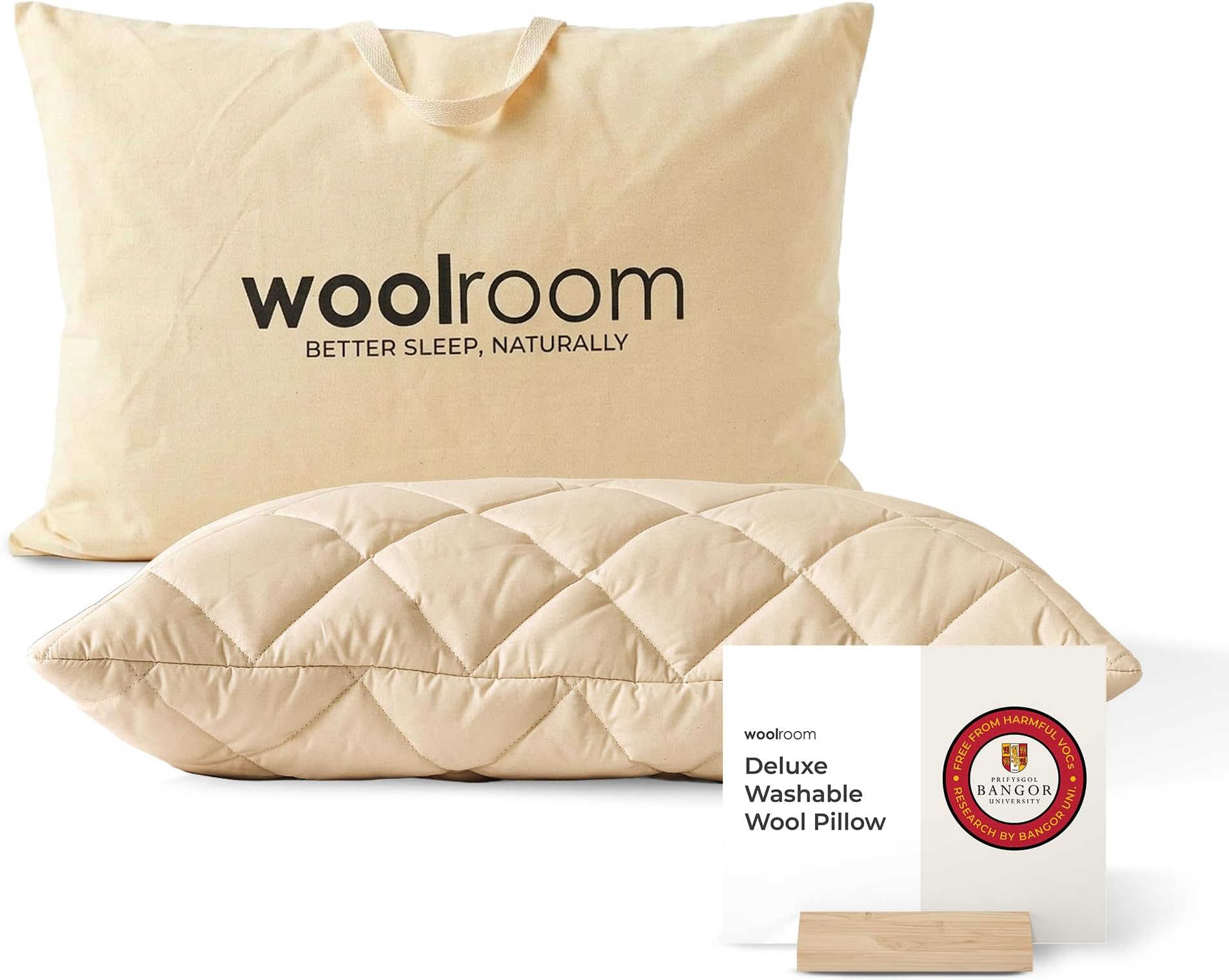 WOOLROOM Deluxe Wool Pillow Collection, 100% Natural Temperature Regulating Customizable Pillow, Soft 200T Organic Cotton Washable Cover, Traceable Hypoallergenic Down Alternative Queen Bed Pillow