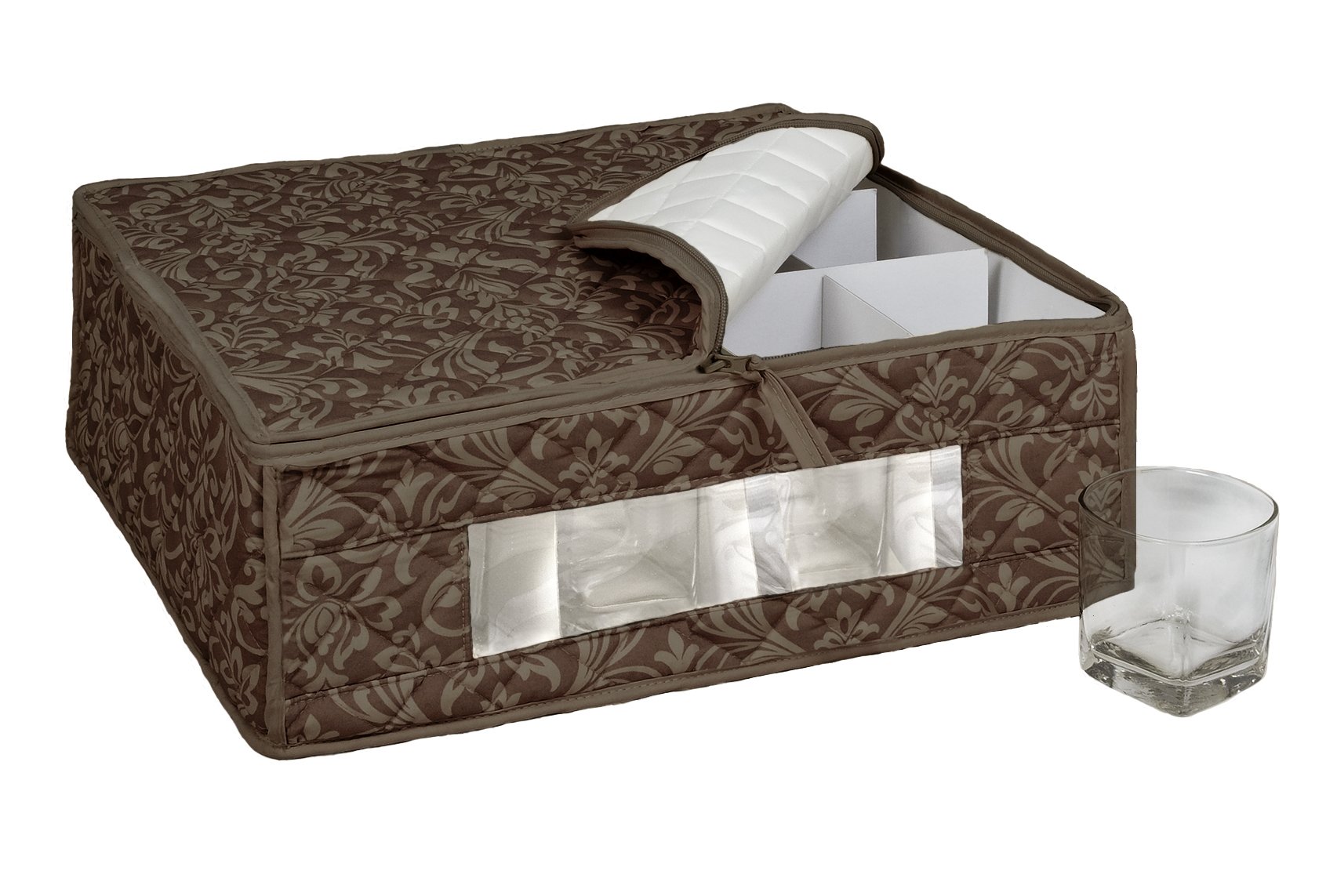 HomewearHomewear HUDSON DAMASK Brown Cups and Rock Glass Storage for 12 Gl, 15.5 by 13.75 by 5.5-Inch